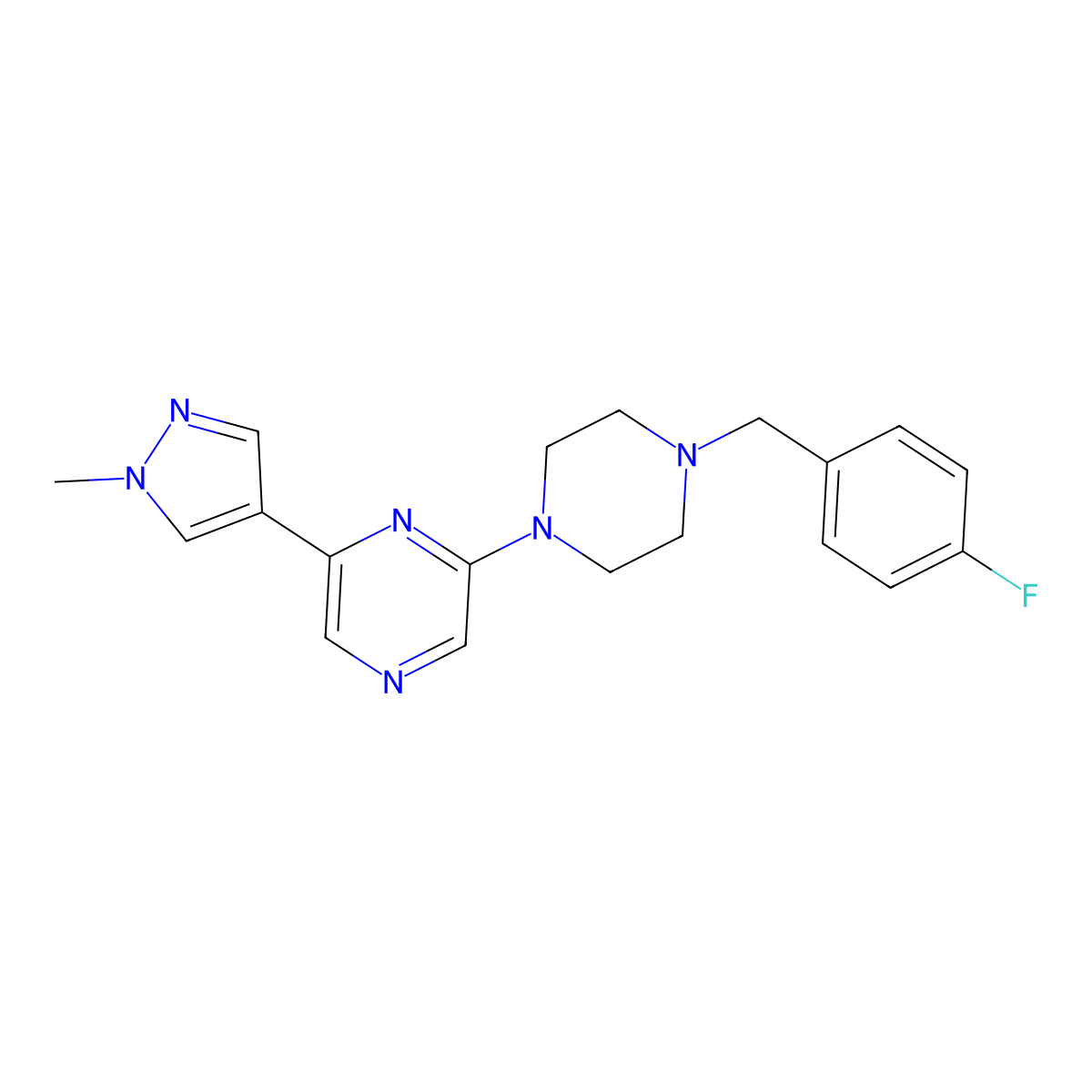 2-{4-[(4-fluorophenyl)methyl]piperazin-1-yl}-6-(1-methyl-1H-pyrazol-4-yl)pyrazine molecular structure, CAS 2770608-15-4
