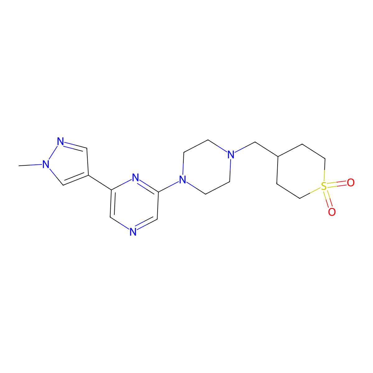 4-({4-[6-(1-methyl-1H-pyrazol-4-yl)pyrazin-2-yl]piperazin-1-yl}methyl)-1lambda6-thiane-1,1-dione molecular structure, CAS 2770608-20-1