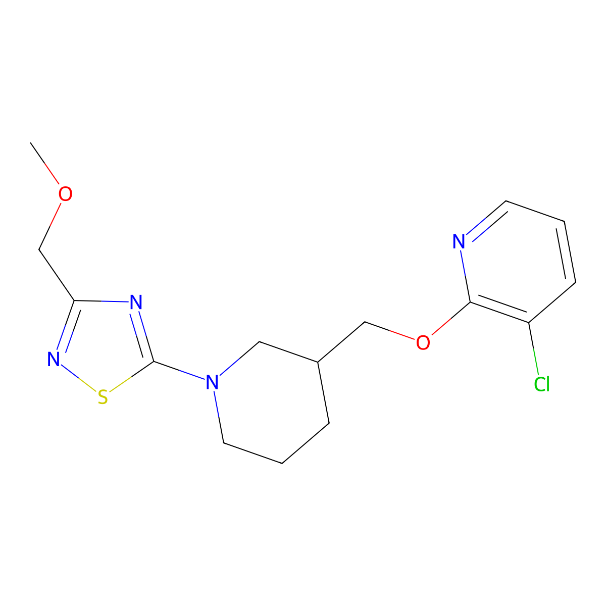 3-Chloro-2-({1-[3-(methoxymethyl)-1,2,4-thiadiazol-5-yl]piperidin-3-yl}methoxy)pyridine molecular structure, CAS 2770608-25-6