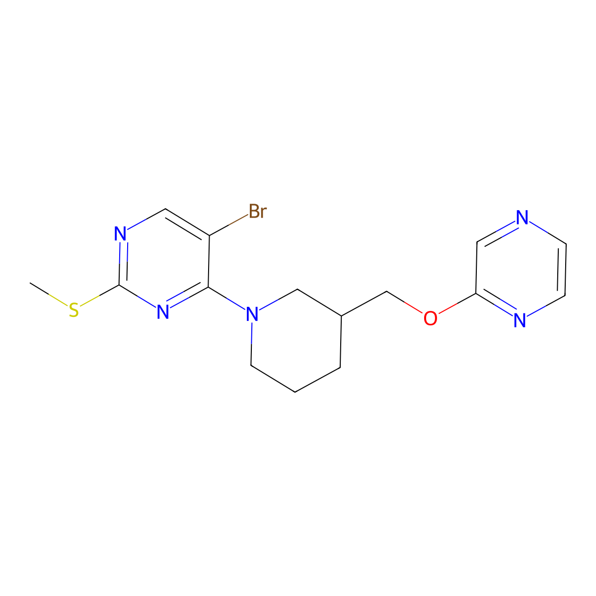 5-Bromo-2-(methylsulfanyl)-4-{3-[(pyrazin-2-yloxy)methyl]piperidin-1-yl}pyrimidine molecular structure, CAS 2770608-30-3