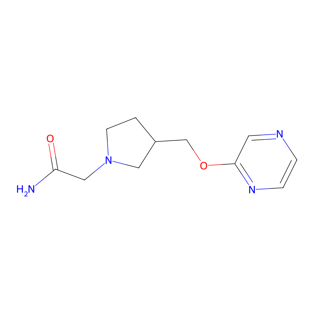 2-{3-[(Pyrazin-2-yloxy)methyl]pyrrolidin-1-yl}acetamide molecular structure, CAS 2770608-34-7