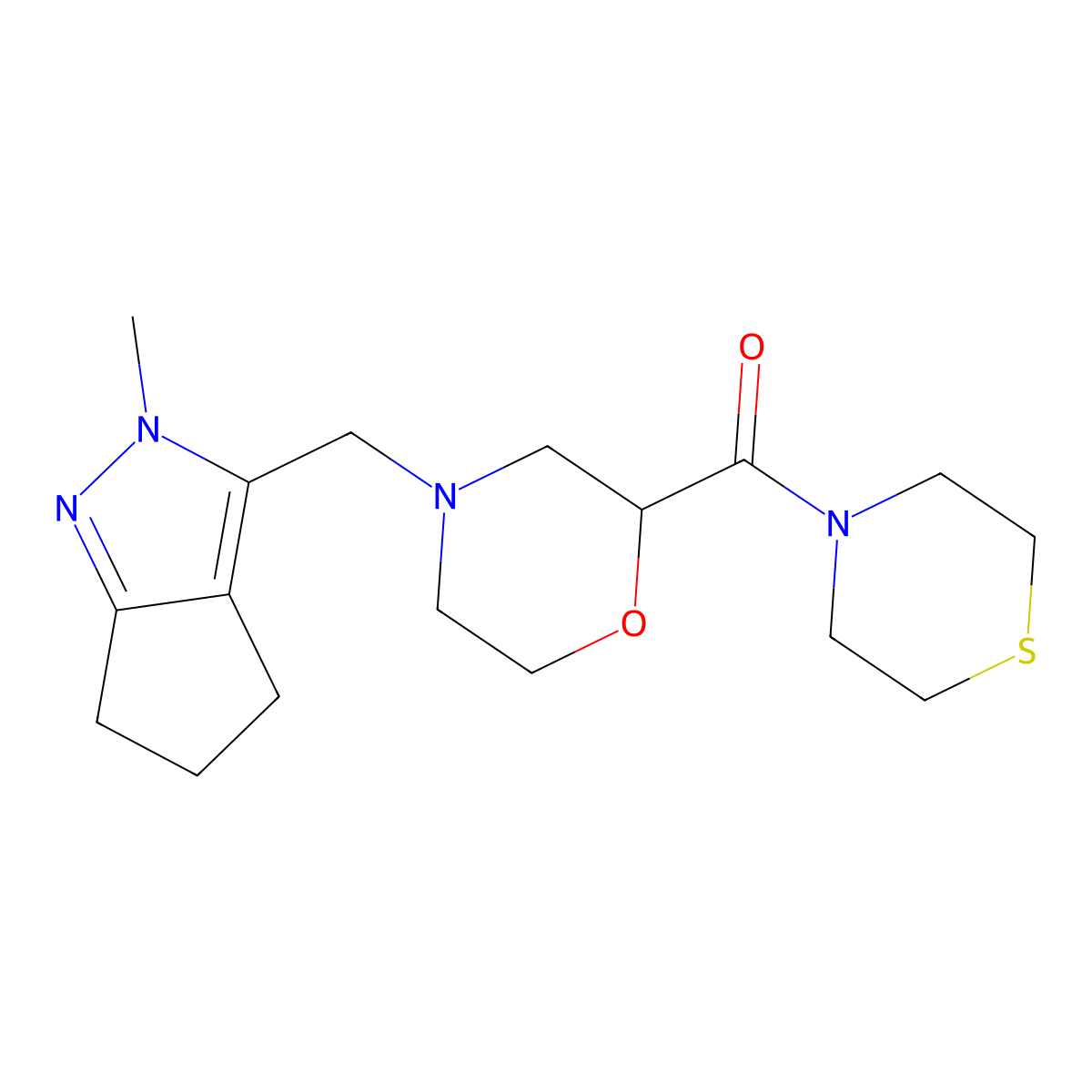 4-({2-methyl-2H,4H,5H,6H-cyclopenta[c]pyrazol-3-yl}methyl)-2-(thiomorpholine-4-carbonyl)morpholine molecular structure, CAS 2770608-47-2