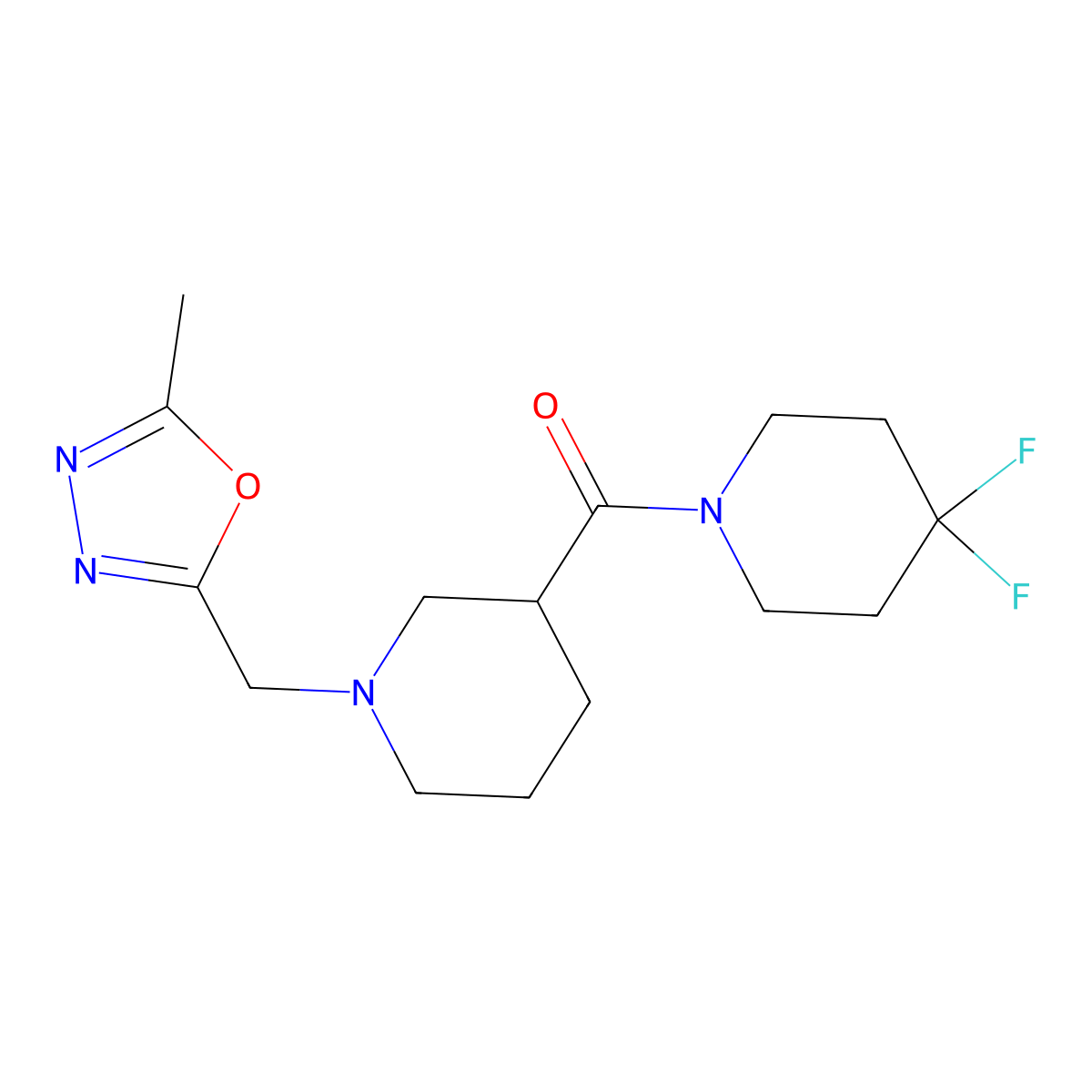 4,4-Difluoro-1-{1-[(5-methyl-1,3,4-oxadiazol-2-yl)methyl]piperidine-3-carbonyl}piperidine molecular structure, CAS 2770608-57-4