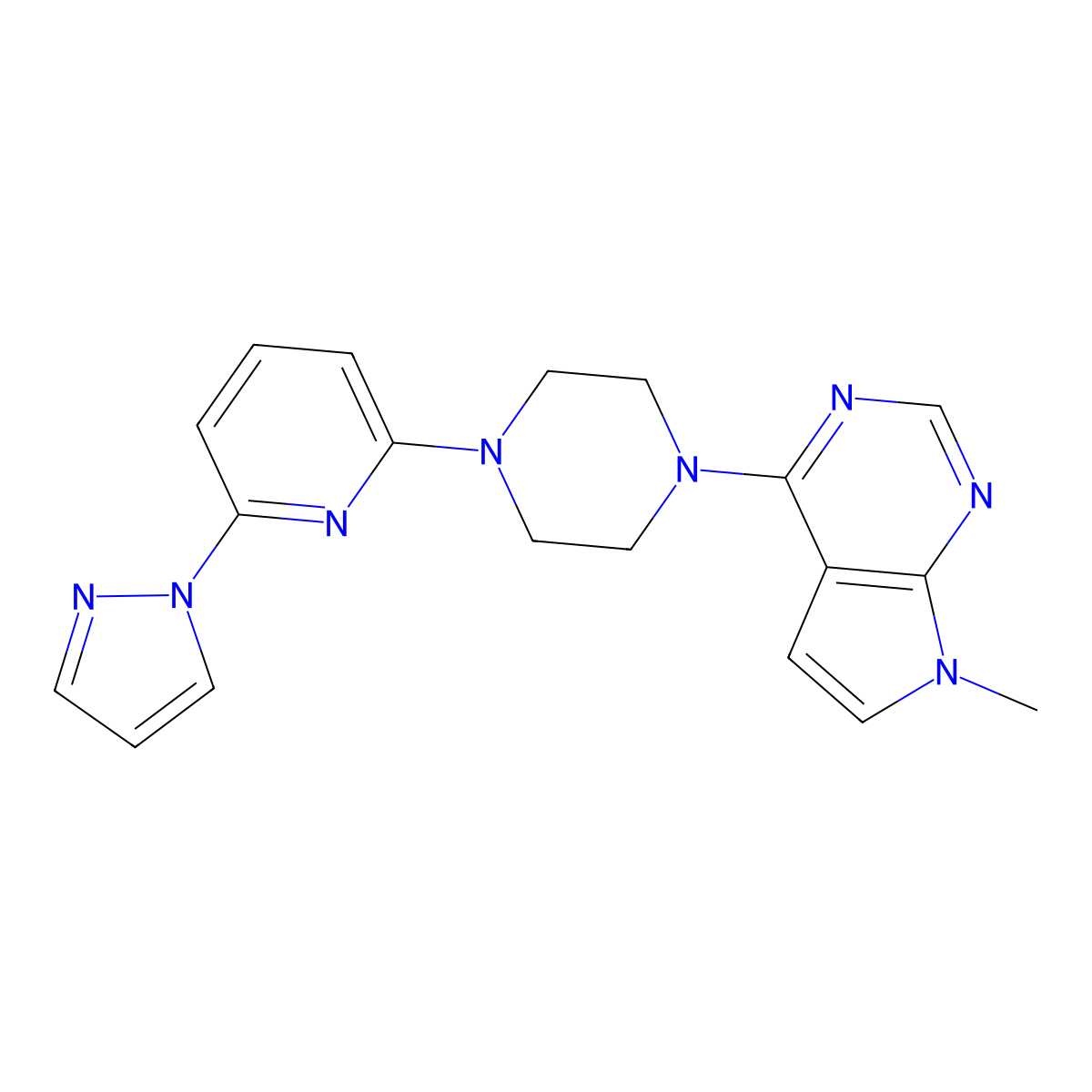 1-{7-methyl-7H-pyrrolo[2,3-d]pyrimidin-4-yl}-4-[6-(1H-pyrazol-1-yl)pyridin-2-yl]piperazine molecular structure, CAS 2770608-59-6