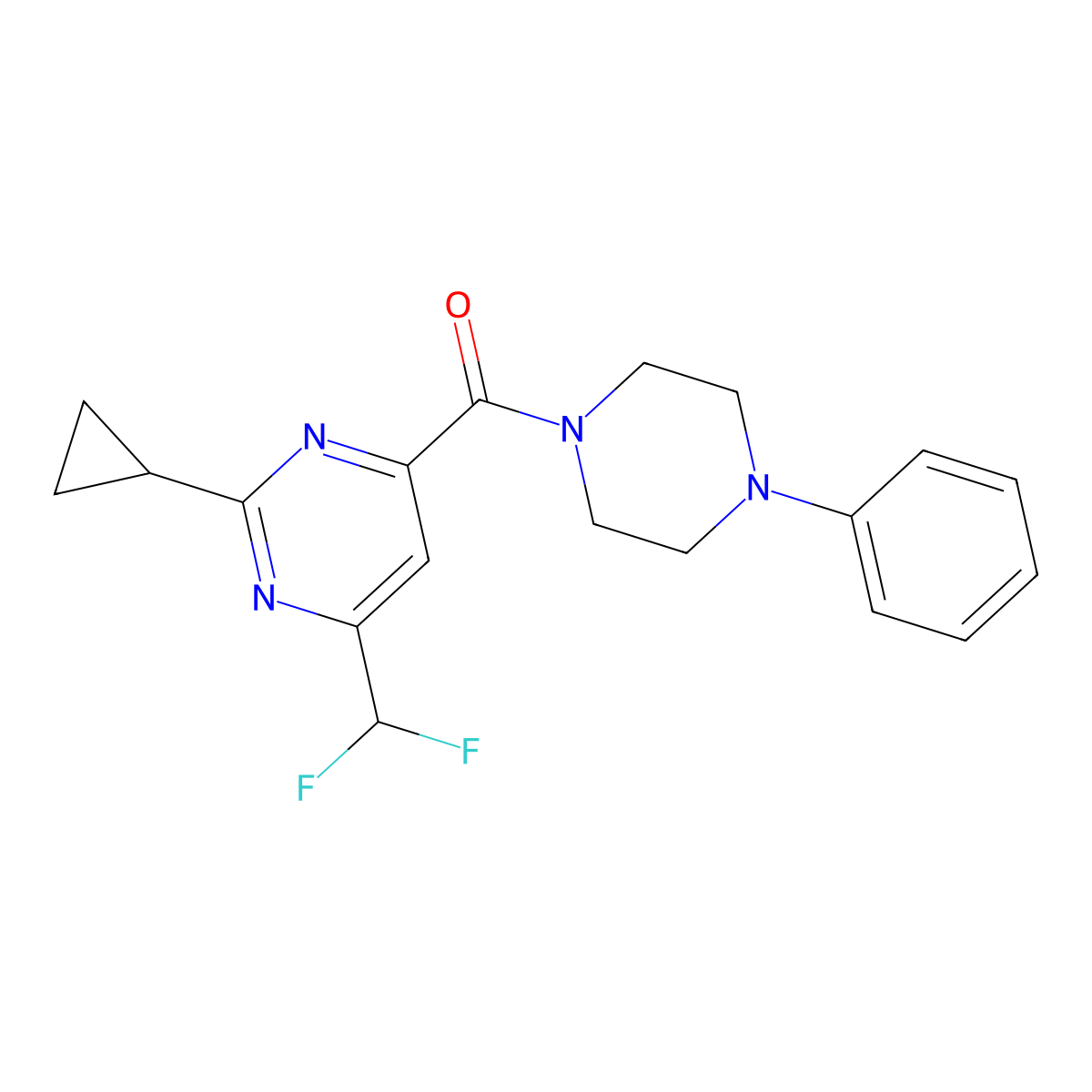 2-Cyclopropyl-4-(difluoromethyl)-6-(4-phenylpiperazine-1-carbonyl)pyrimidine molecular structure, CAS 2770608-60-9