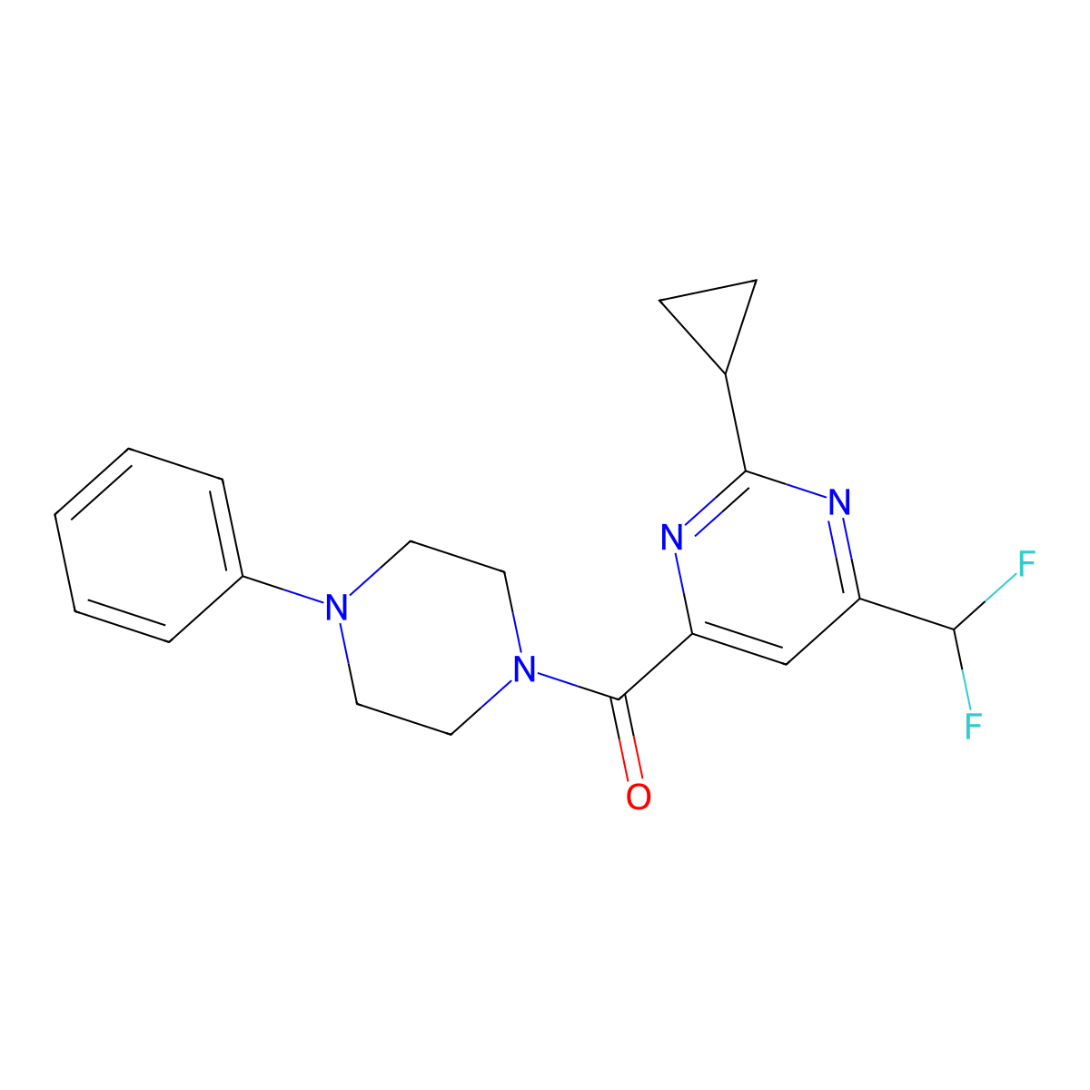 2-Cyclopropyl-4-(difluoromethyl)-6-(4-phenylpiperazine-1-carbonyl)pyrimidine molecular structure, CAS 2770608-60-9