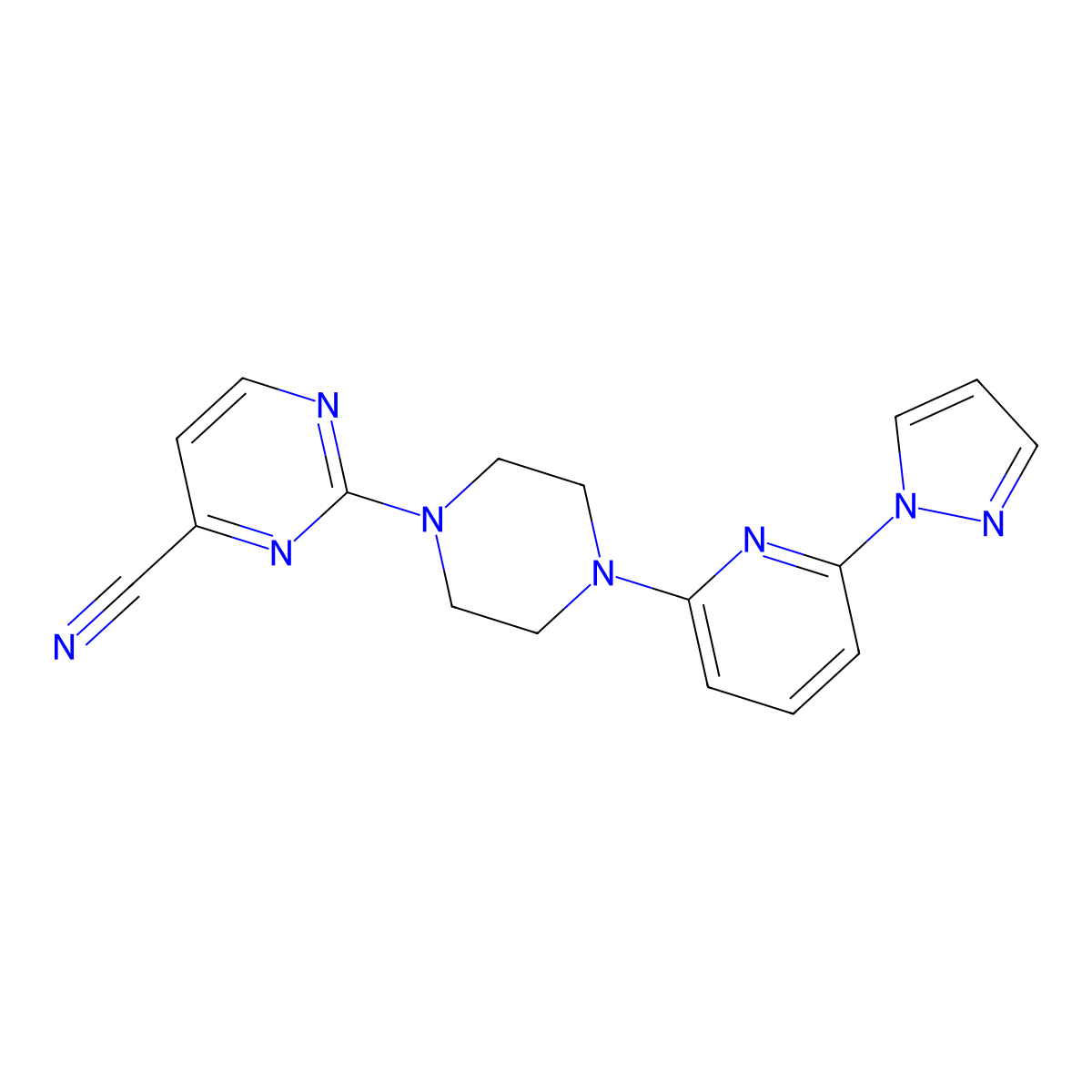 2-{4-[6-(1H-pyrazol-1-yl)pyridin-2-yl]piperazin-1-yl}pyrimidine-4-carbonitrile molecular structure, CAS 2770608-77-8