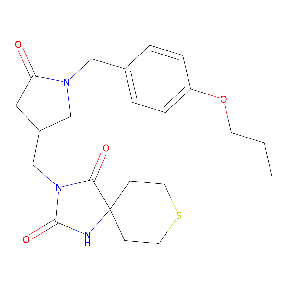 3-({5-Oxo-1-[(4-propoxyphenyl)methyl]pyrrolidin-3-yl}methyl)-8-thia-1,3-diazaspiro[4.5]decane-2,4-dione molecular structure, CAS 2770608-89-2