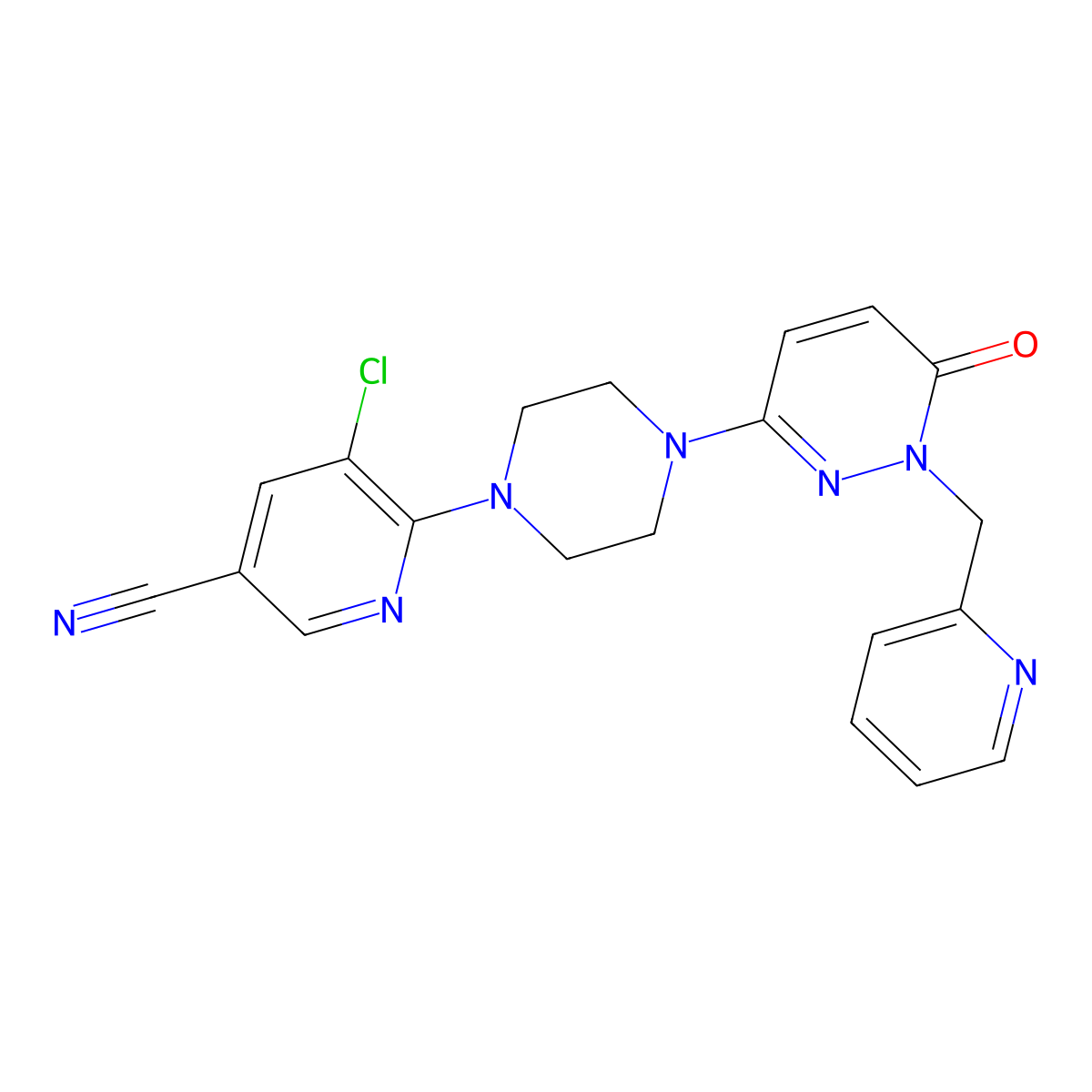 5-Chloro-6-(4-{6-oxo-1-[(pyridin-2-yl)methyl]-1,6-dihydropyridazin-3-yl}piperazin-1-yl)pyridine-3-carbonitrile molecular structure, CAS 2770608-93-8