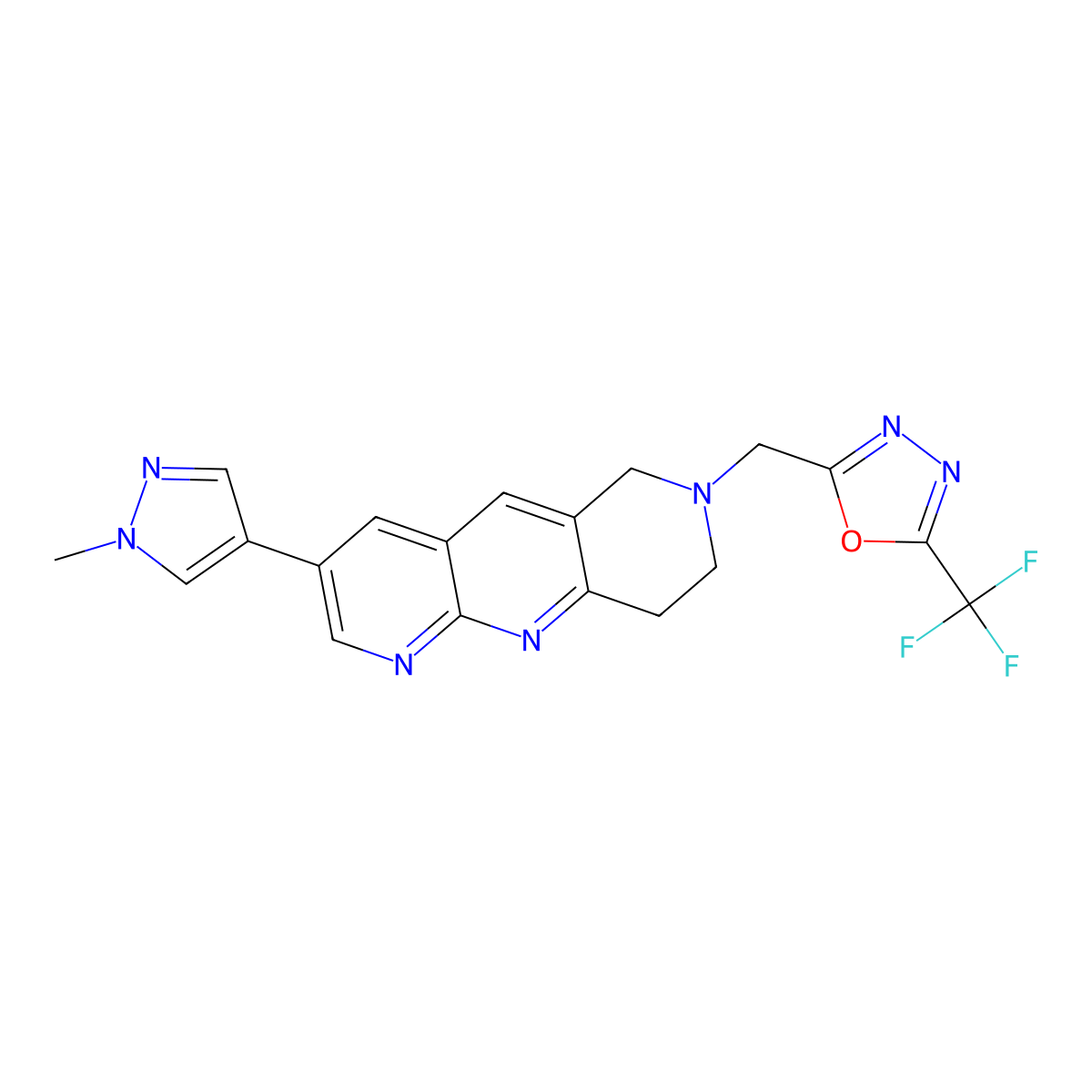 2-{[3-(1-methyl-1H-pyrazol-4-yl)-6H,7H,8H,9H-pyrido[2,3-b]1,6-naphthyridin-7-yl]methyl}-5-(trifluoromethyl)-1,3,4-oxadiazole molecular structure, CAS 2770608-94-9