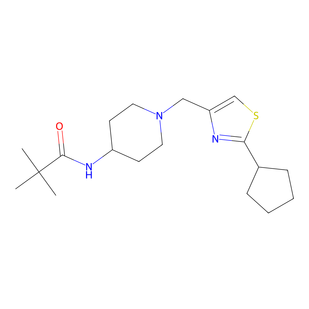 N-{1-[(2-cyclopentyl-1,3-thiazol-4-yl)methyl]piperidin-4-yl}-2,2-dimethylpropanamide molecular structure, CAS 2770609-02-2