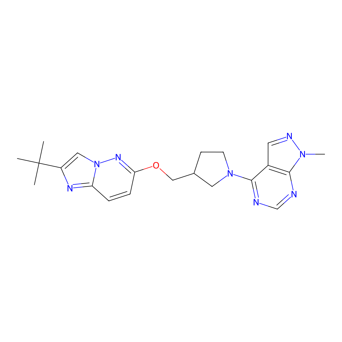 3-[({2-tert-butylimidazo[1,2-b]pyridazin-6-yl}oxy)methyl]-1-{1-methyl-1H-pyrazolo[3,4-d]pyrimidin-4-yl}pyrrolidine molecular structure, CAS 2770609-04-4