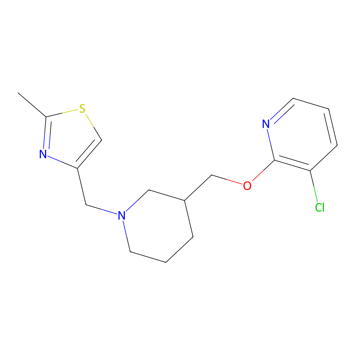 3-Chloro-2-({1-[(2-methyl-1,3-thiazol-4-yl)methyl]piperidin-3-yl}methoxy)pyridine molecular structure, CAS 2770609-07-7