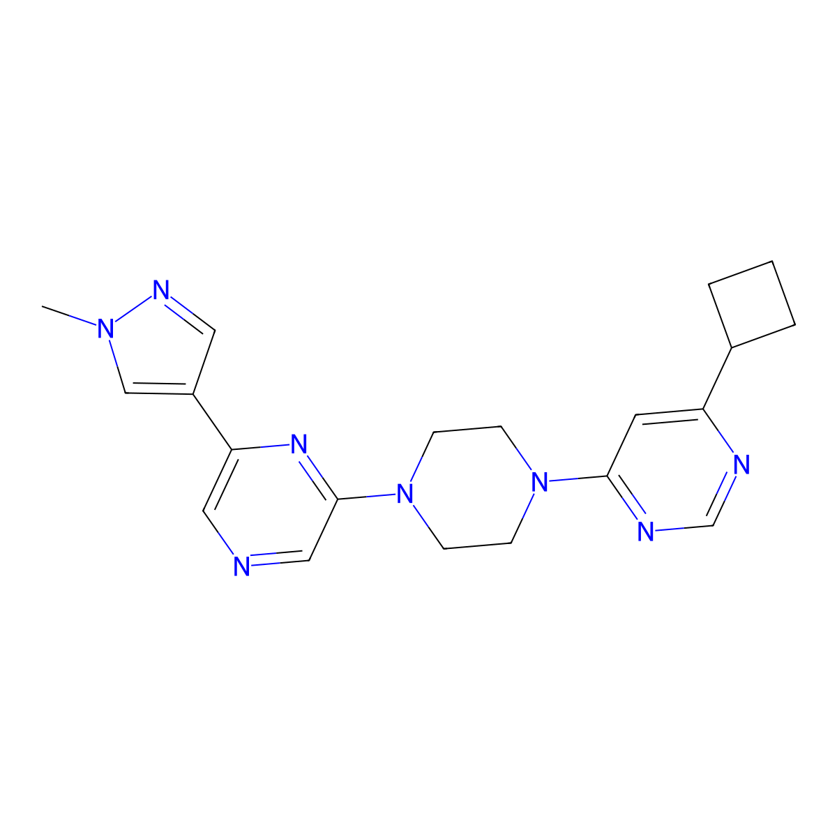 2-[4-(6-cyclobutylpyrimidin-4-yl)piperazin-1-yl]-6-(1-methyl-1H-pyrazol-4-yl)pyrazine molecular structure, CAS 2770609-21-5