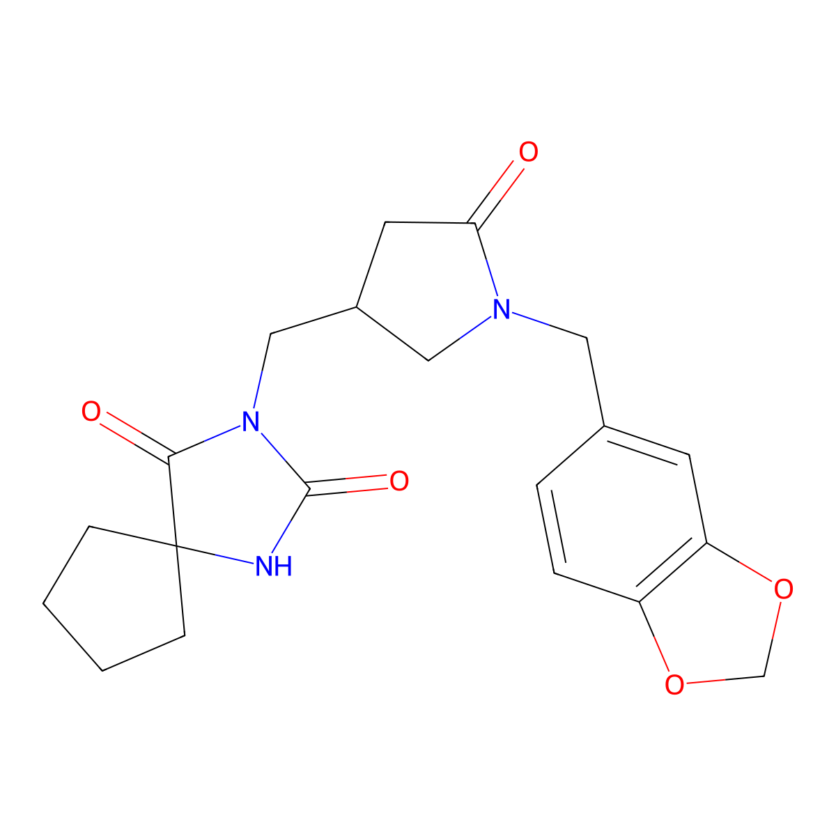 3-({1-[(2H-1,3-benzodioxol-5-yl)methyl]-5-oxopyrrolidin-3-yl}methyl)-1,3-diazaspiro[4.4]nonane-2,4-dione molecular structure, CAS 2770609-24-8