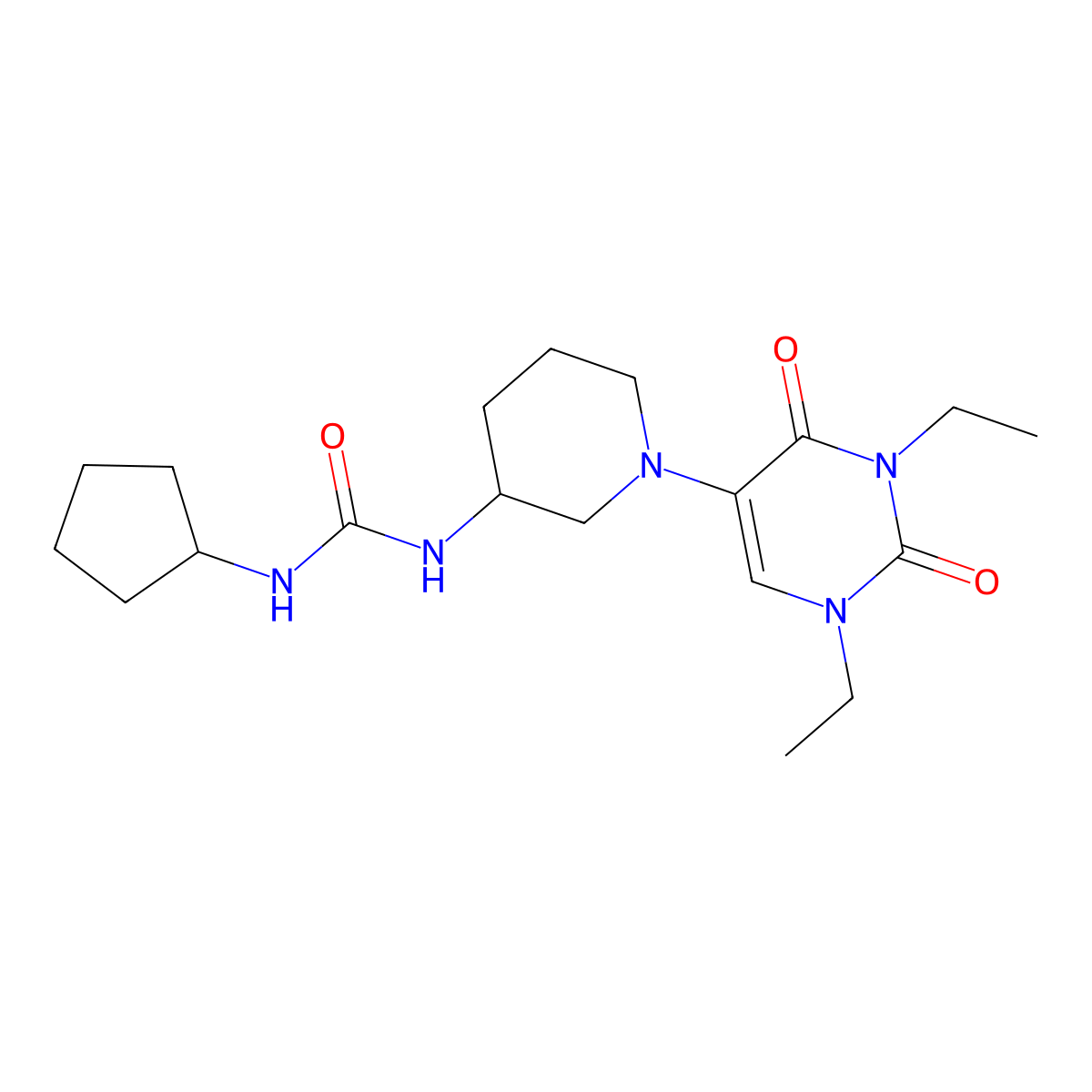 3-Cyclopentyl-1-[1-(1,3-diethyl-2,4-dioxo-1,2,3,4-tetrahydropyrimidin-5-yl)piperidin-3-yl]urea molecular structure, CAS 2770609-27-1