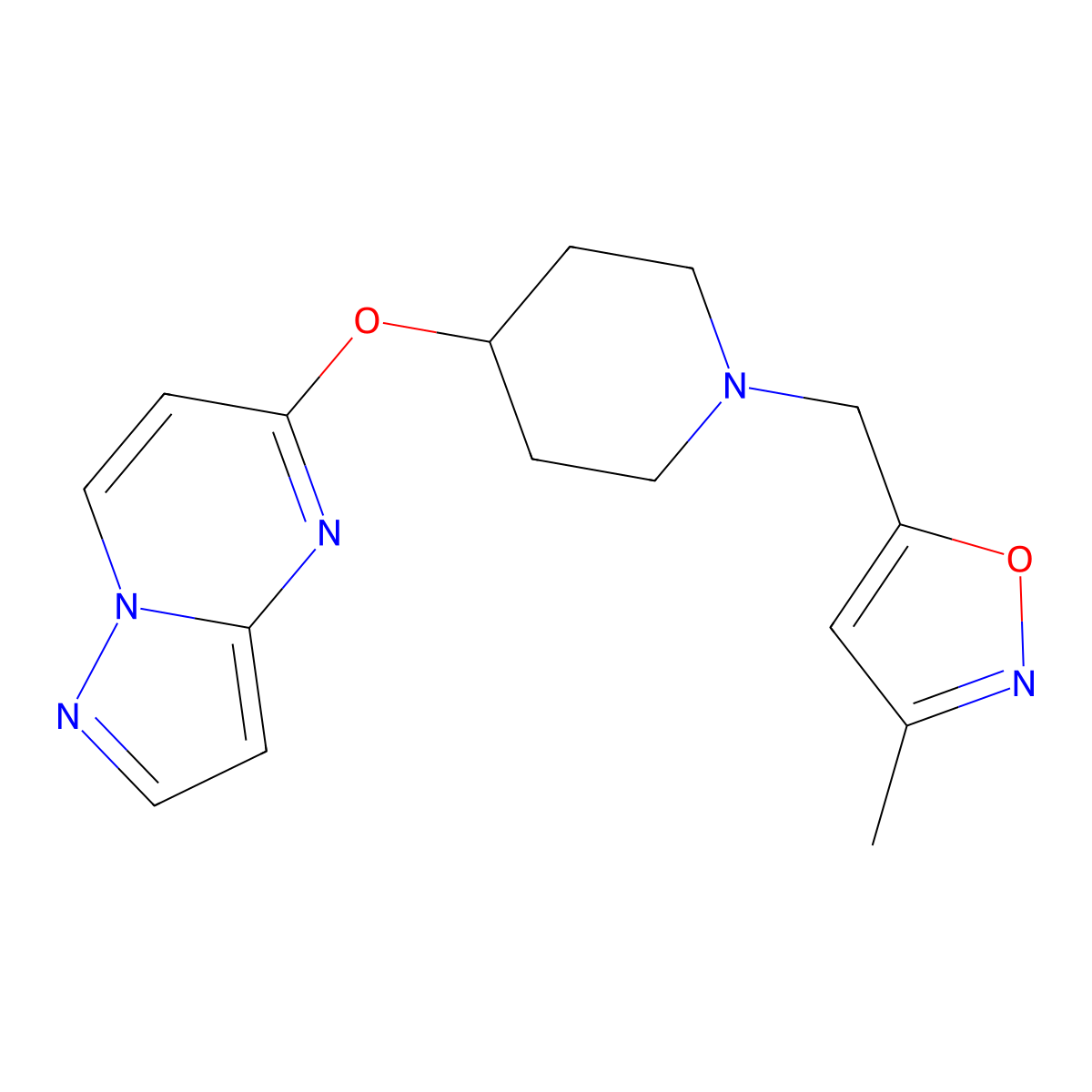1-[(3-Methyl-1,2-oxazol-5-yl)methyl]-4-{pyrazolo[1,5-a]pyrimidin-5-yloxy}piperidine molecular structure, CAS 2770609-31-7
