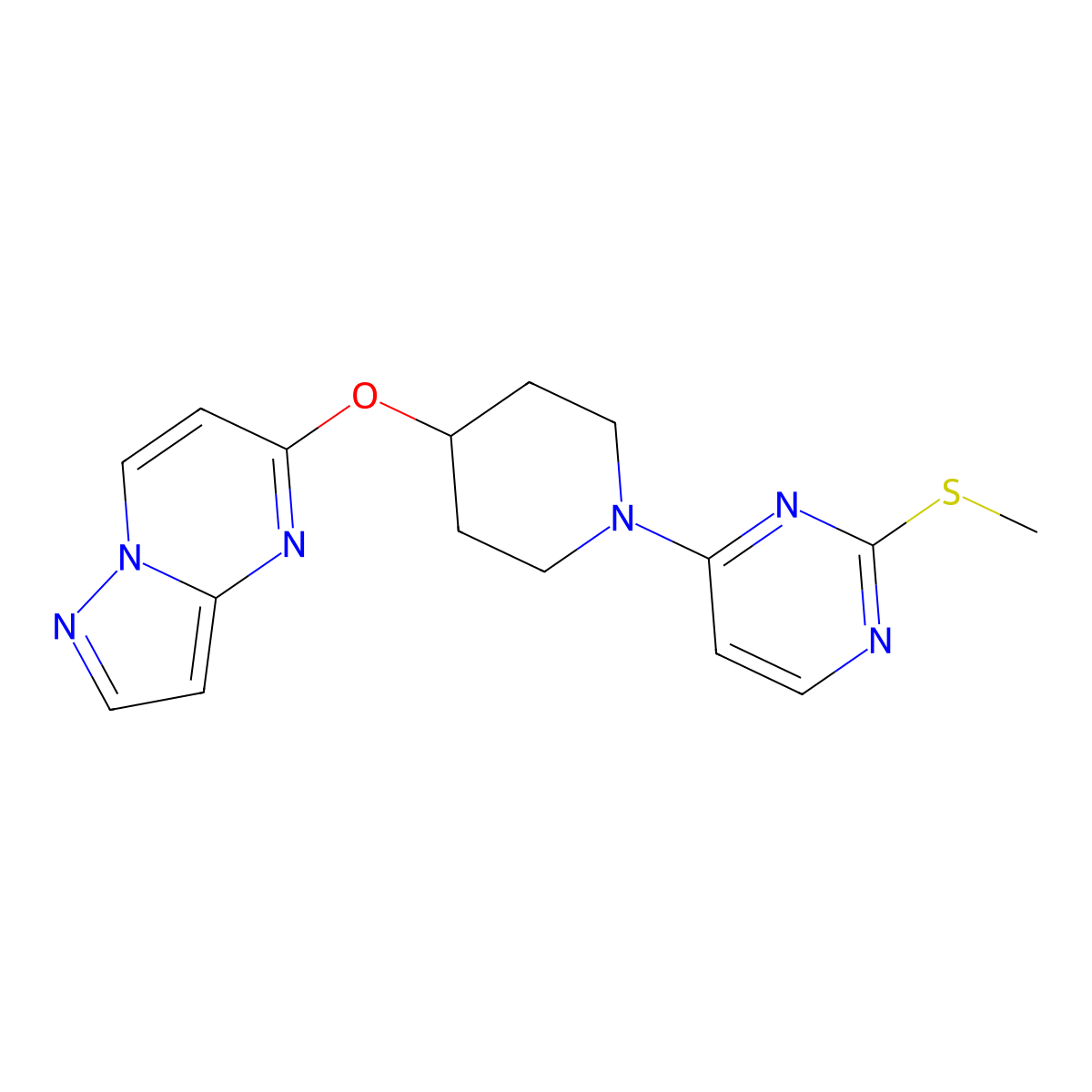 2-(Methylsulfanyl)-4-(4-{pyrazolo[1,5-a]pyrimidin-5-yloxy}piperidin-1-yl)pyrimidine molecular structure, CAS 2770609-41-9