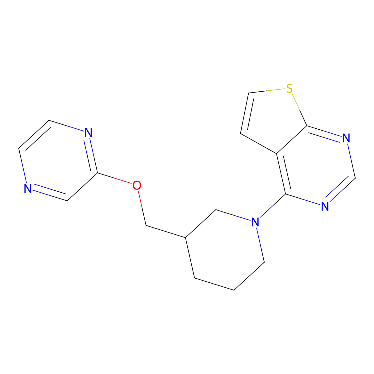 2-[(1-{Thieno[2,3-d]pyrimidin-4-yl}piperidin-3-yl)methoxy]pyrazine molecular structure, CAS 2770609-52-2