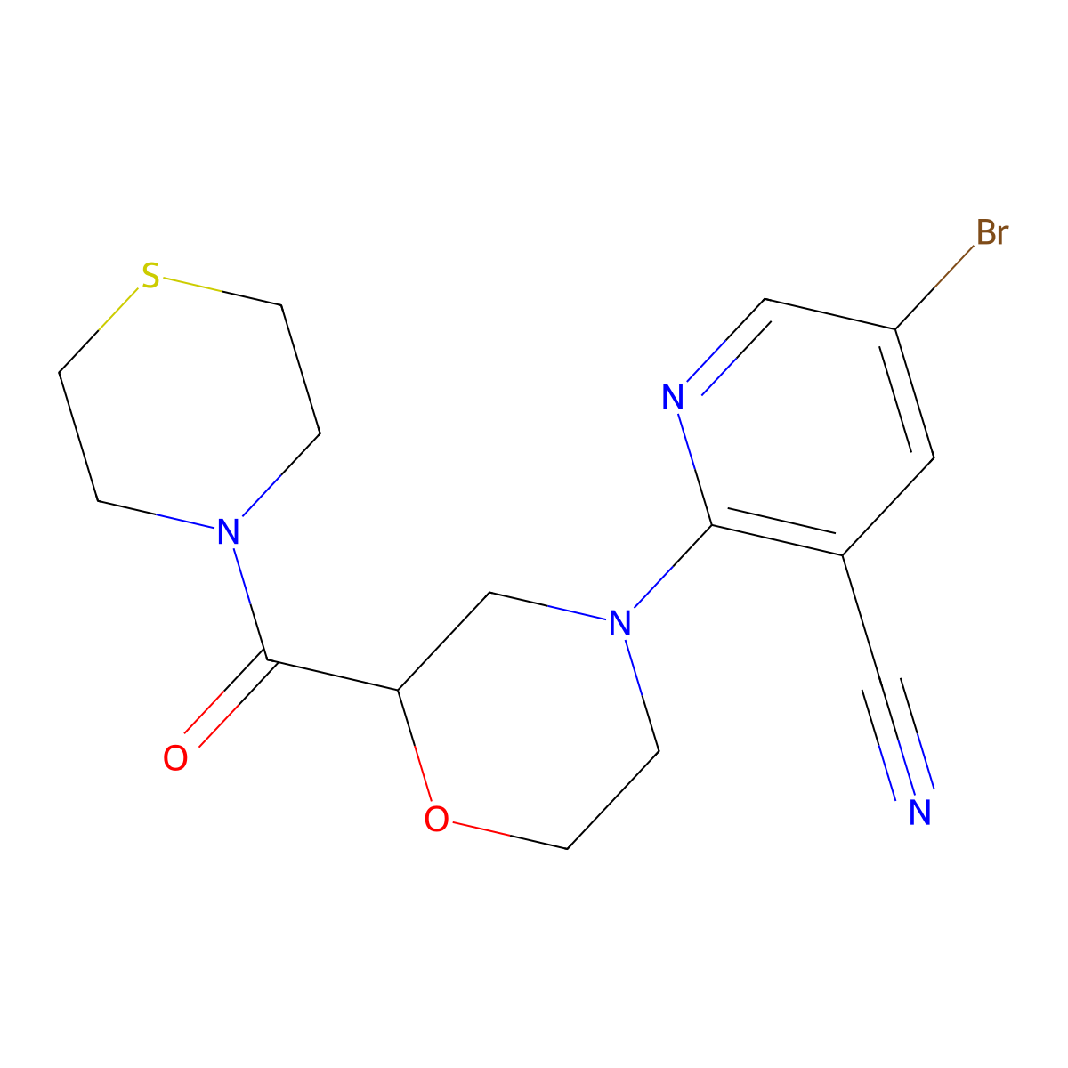 5-Bromo-2-[2-(thiomorpholine-4-carbonyl)morpholin-4-yl]pyridine-3-carbonitrile molecular structure, CAS 2770609-58-8