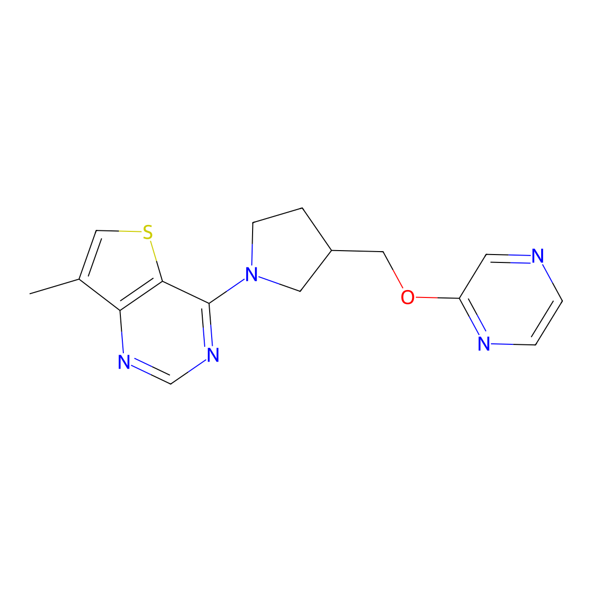 2-[(1-{7-Methylthieno[3,2-d]pyrimidin-4-yl}pyrrolidin-3-yl)methoxy]pyrazine molecular structure, CAS 2770609-59-9