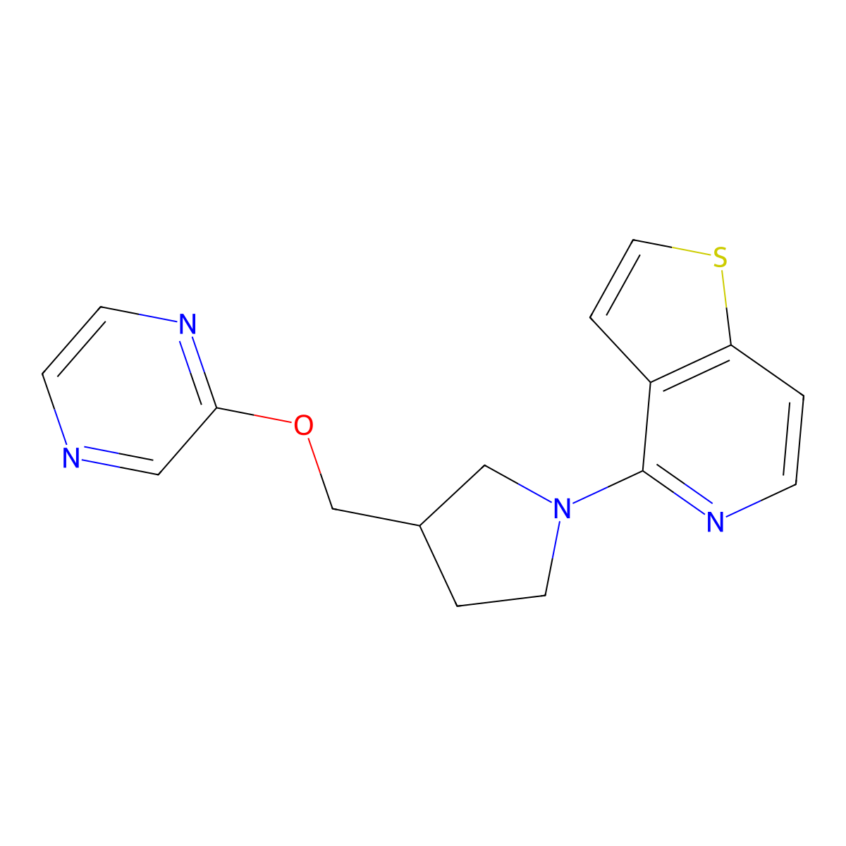 2-[(1-{Thieno[3,2-c]pyridin-4-yl}pyrrolidin-3-yl)methoxy]pyrazine molecular structure, CAS 2770609-75-9