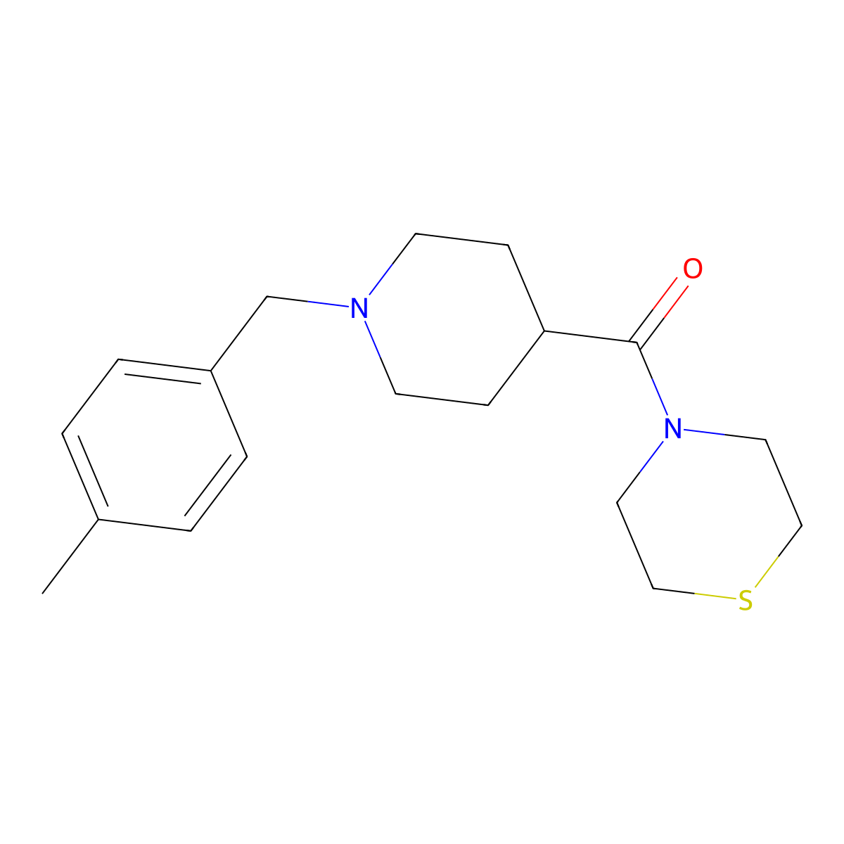 4-{1-[(4-Methylphenyl)methyl]piperidine-4-carbonyl}thiomorpholine molecular structure, CAS 2770609-76-0