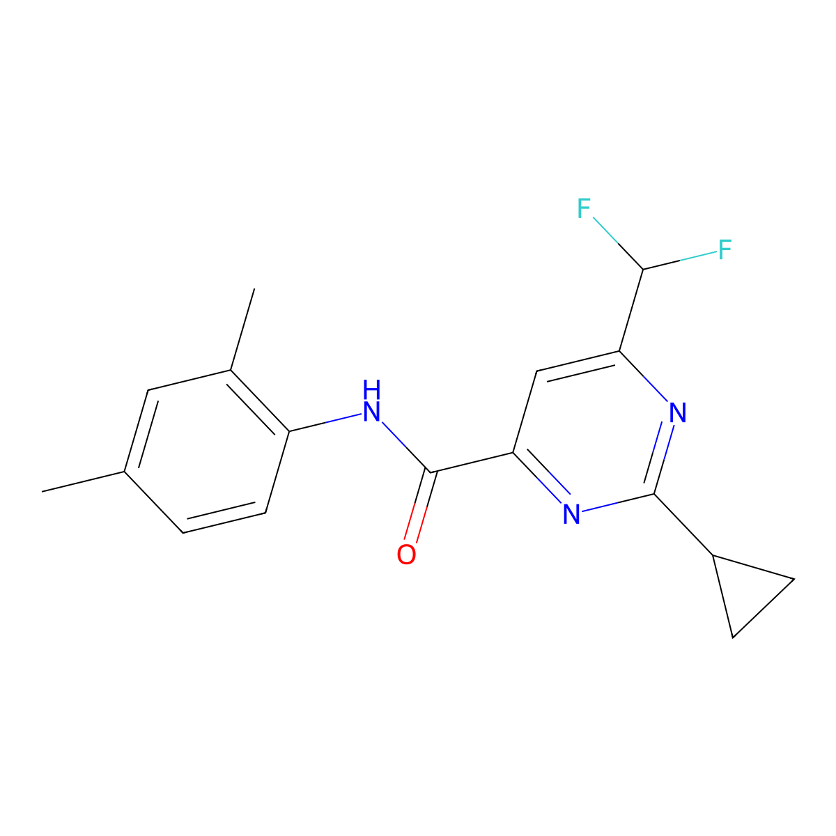 2-cyclopropyl-6-(difluoromethyl)-N-(2,4-dimethylphenyl)pyrimidine-4-carboxamide molecular structure, CAS 2770609-91-9