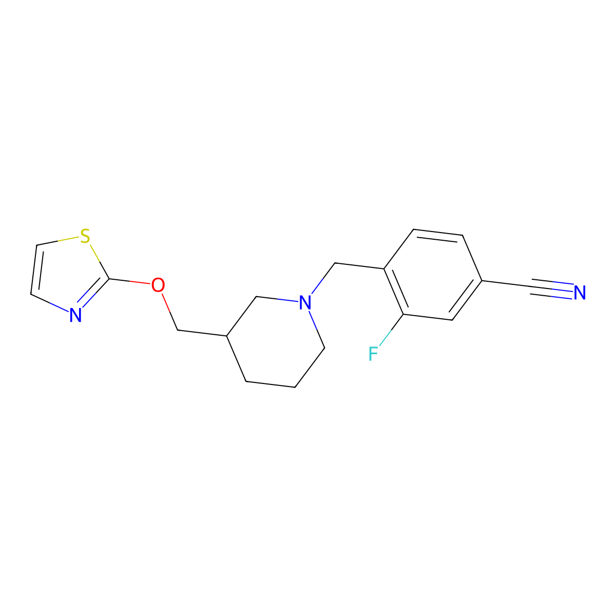 3-Fluoro-4-({3-[(1,3-thiazol-2-yloxy)methyl]piperidin-1-yl}methyl)benzonitrile molecular structure, CAS 2770609-93-1