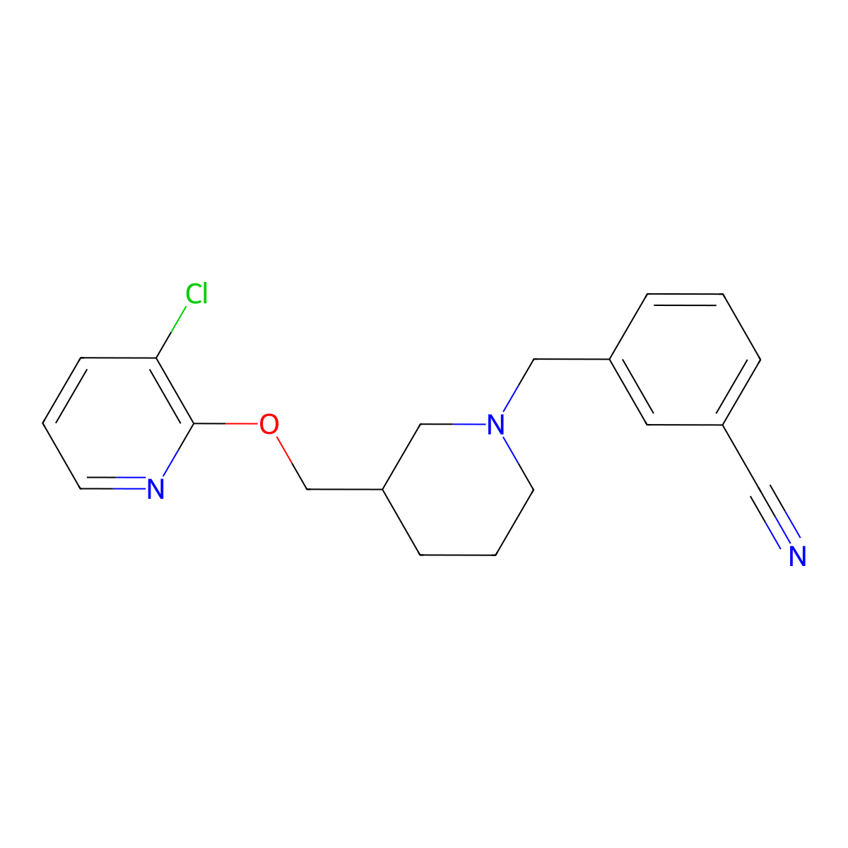 3-[(3-{[(3-Chloropyridin-2-yl)oxy]methyl}piperidin-1-yl)methyl]benzonitrile molecular structure, CAS 2770609-96-4