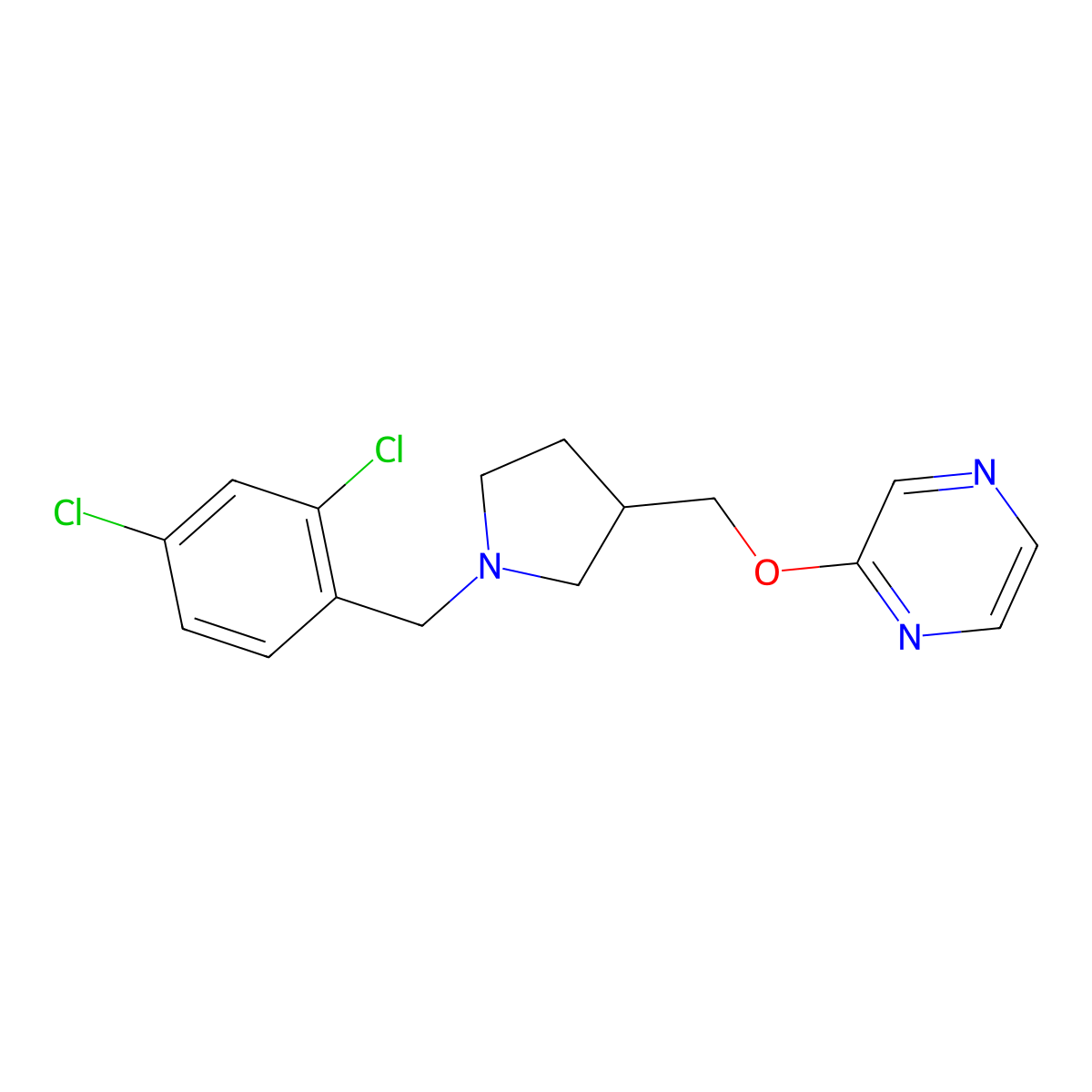 2-({1-[(2,4-Dichlorophenyl)methyl]pyrrolidin-3-yl}methoxy)pyrazine molecular structure, CAS 2770610-01-8