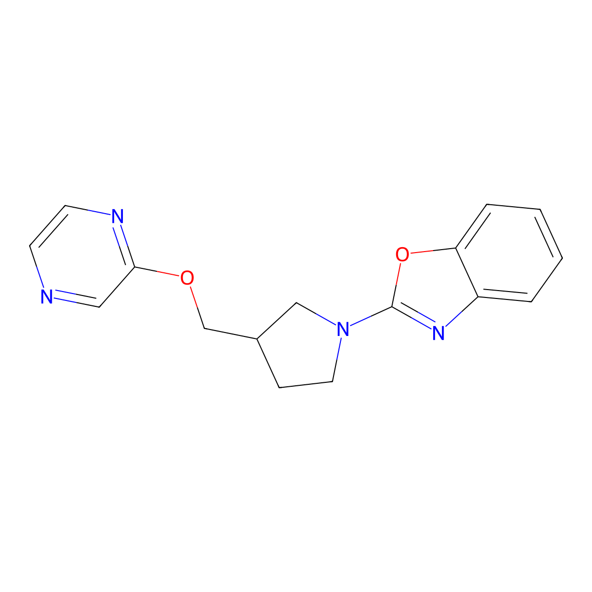2-{3-[(Pyrazin-2-yloxy)methyl]pyrrolidin-1-yl}-1,3-benzoxazole molecular structure, CAS 2770610-06-3