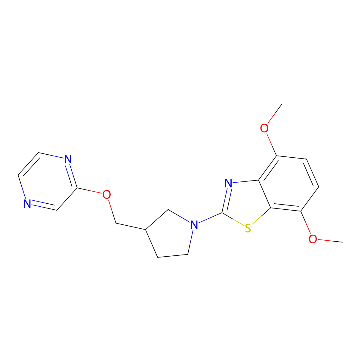 4,7-Dimethoxy-2-{3-[(pyrazin-2-yloxy)methyl]pyrrolidin-1-yl}-1,3-benzothiazole molecular structure, CAS 2770610-22-3