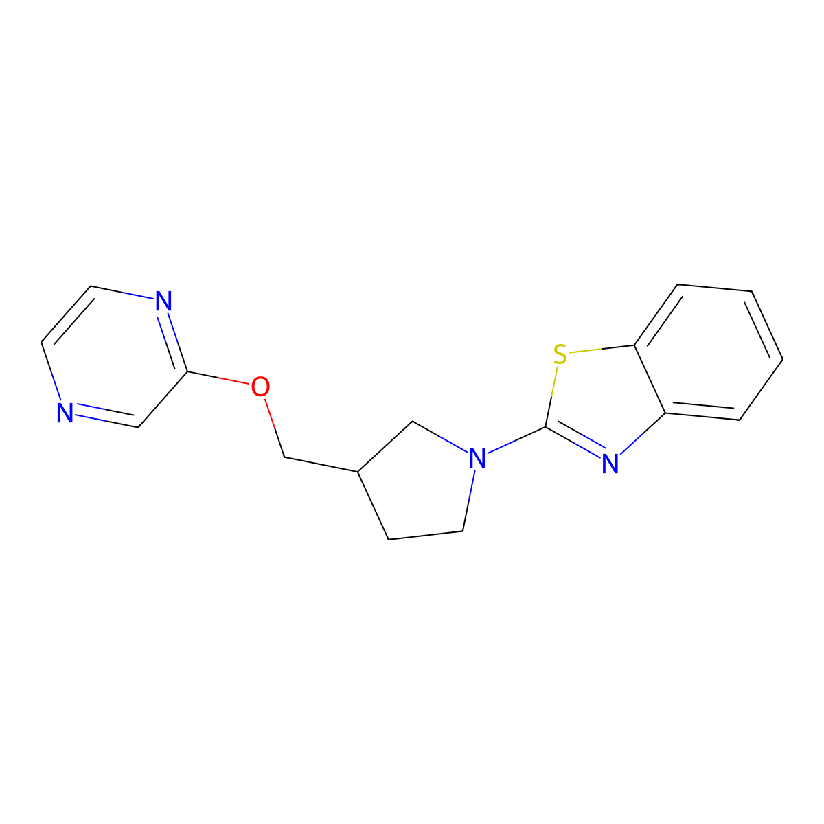 2-{3-[(Pyrazin-2-yloxy)methyl]pyrrolidin-1-yl}-1,3-benzothiazole molecular structure, CAS 2770610-29-0
