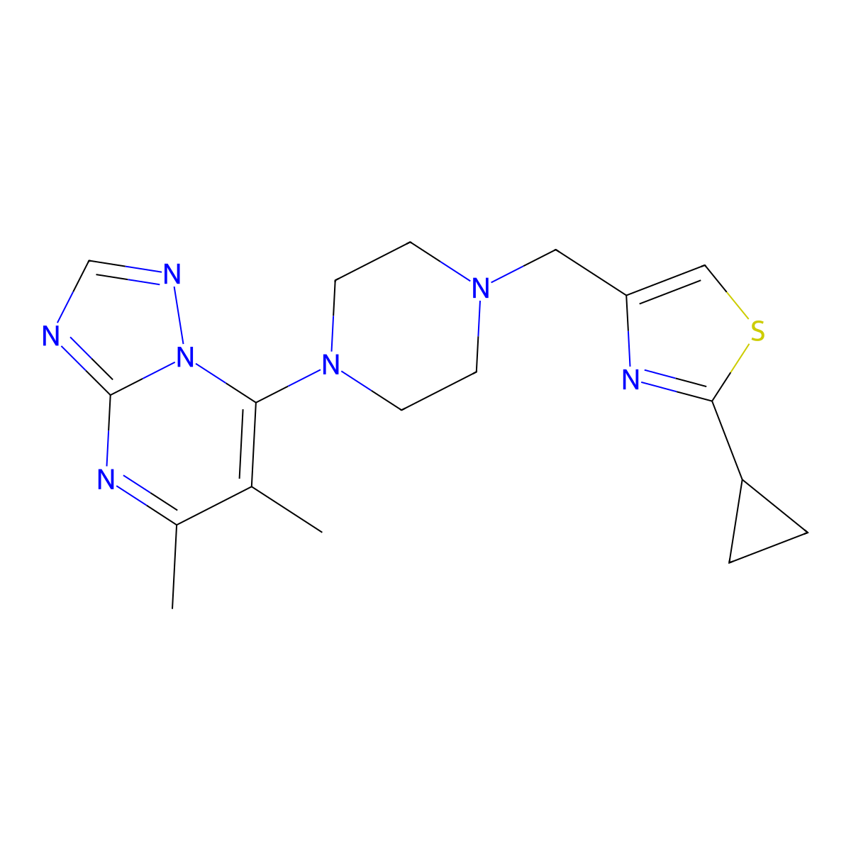 1-[(2-Cyclopropyl-1,3-thiazol-4-yl)methyl]-4-{5,6-dimethyl-[1,2,4]triazolo[1,5-a]pyrimidin-7-yl}piperazine molecular structure, CAS 2770610-33-6