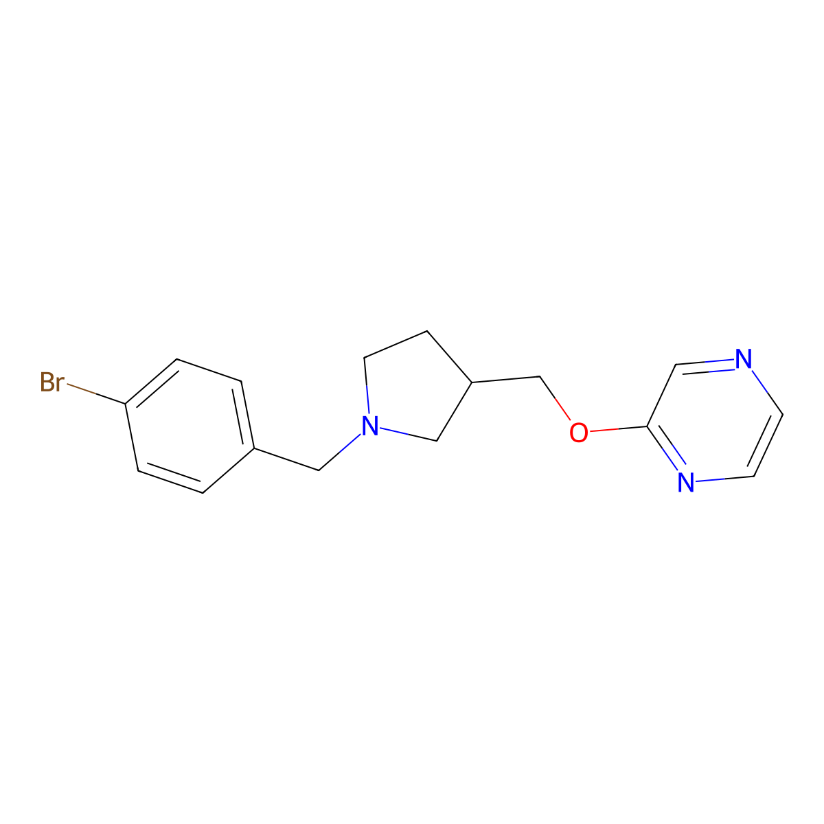 2-({1-[(4-Bromophenyl)methyl]pyrrolidin-3-yl}methoxy)pyrazine molecular structure, CAS 2770610-34-7