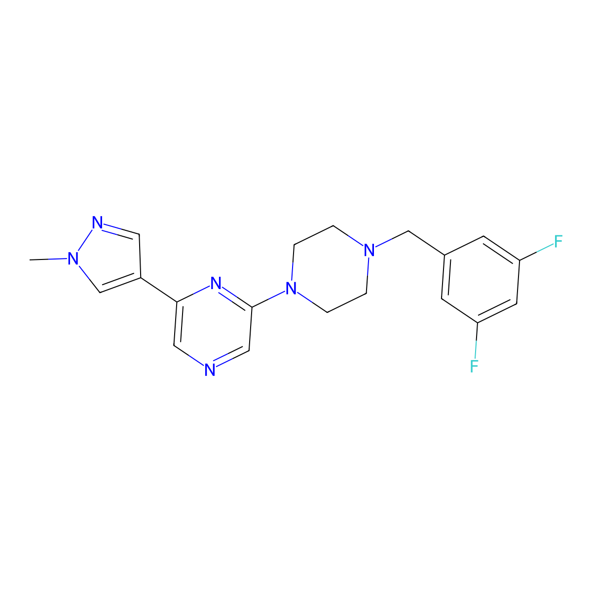 2-{4-[(3,5-difluorophenyl)methyl]piperazin-1-yl}-6-(1-methyl-1H-pyrazol-4-yl)pyrazine molecular structure, CAS 2770610-42-7