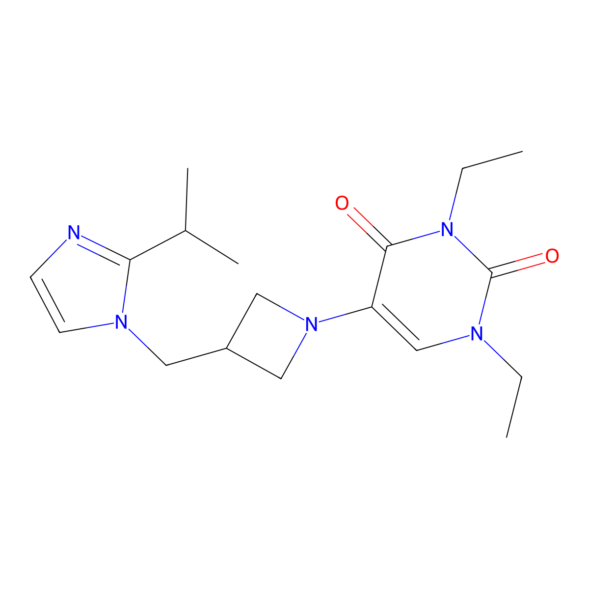 1,3-diethyl-5-(3-{[2-(propan-2-yl)-1H-imidazol-1-yl]methyl}azetidin-1-yl)-1,2,3,4-tetrahydropyrimidine-2,4-dione molecular structure, CAS 2770610-52-9