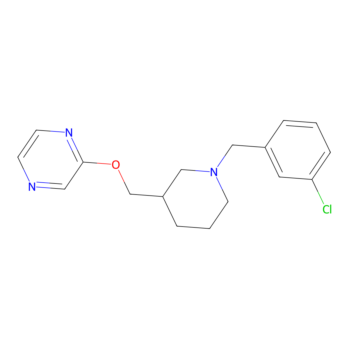 2-({1-[(3-Chlorophenyl)methyl]piperidin-3-yl}methoxy)pyrazine molecular structure, CAS 2770610-62-1