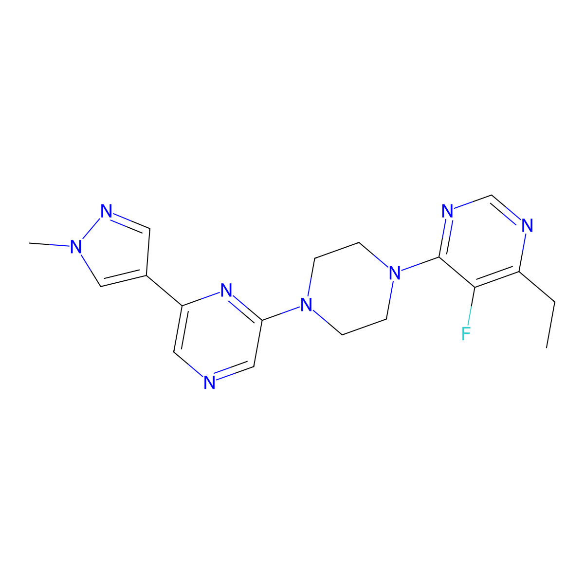 4-ethyl-5-fluoro-6-{4-[6-(1-methyl-1H-pyrazol-4-yl)pyrazin-2-yl]piperazin-1-yl}pyrimidine molecular structure, CAS 2770610-76-7
