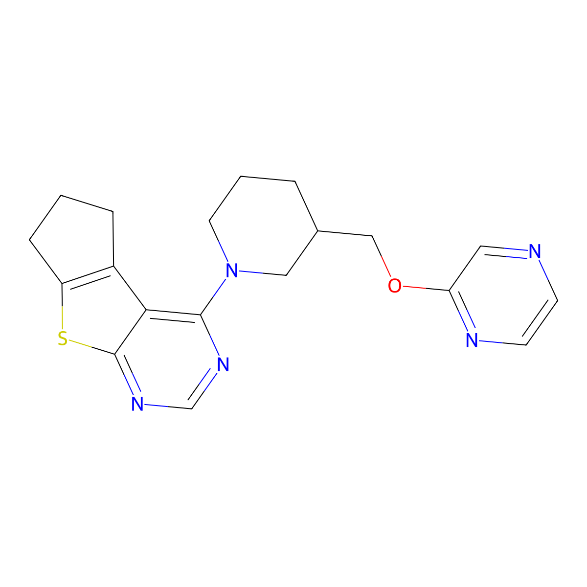 12-{3-[(Pyrazin-2-yloxy)methyl]piperidin-1-yl}-7-thia-9,11-diazatricyclo[6.4.0.0^{2,6}]dodeca-1(8),2(6),9,11-tetraene molecular structure, CAS 2770610-80-3