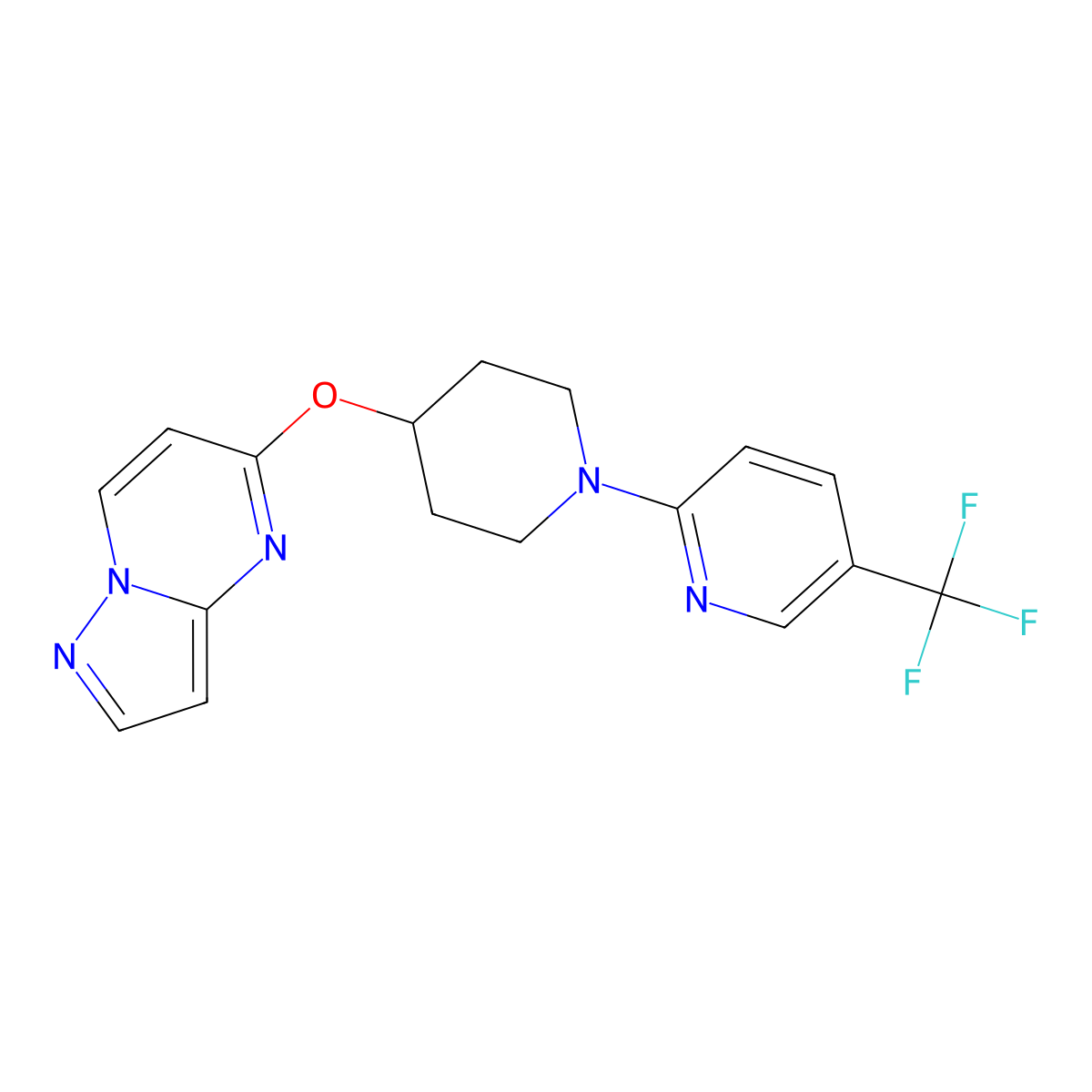 2-(4-{Pyrazolo[1,5-a]pyrimidin-5-yloxy}piperidin-1-yl)-5-(trifluoromethyl)pyridine molecular structure, CAS 2770610-90-5