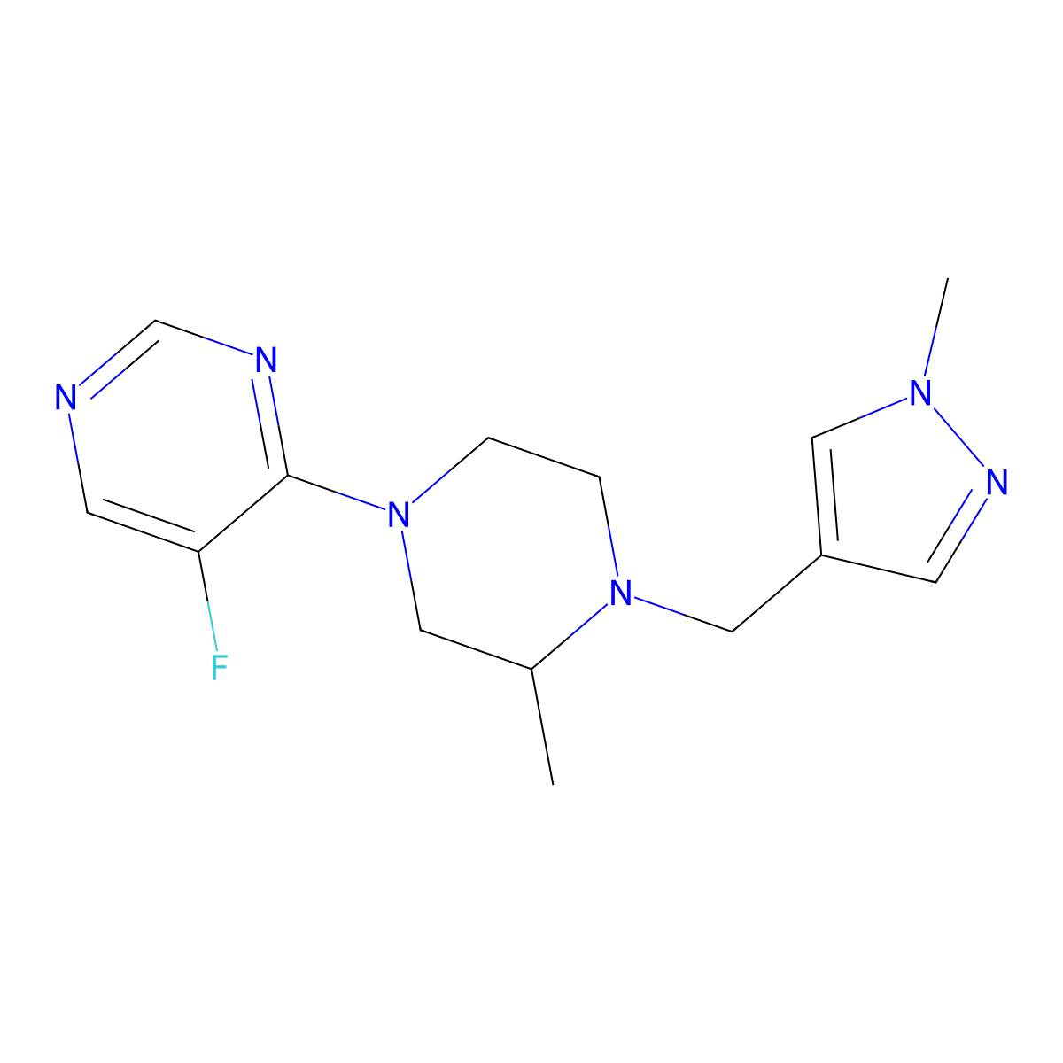 5-fluoro-4-{3-methyl-4-[(1-methyl-1H-pyrazol-4-yl)methyl]piperazin-1-yl}pyrimidine molecular structure, CAS 2770610-94-9
