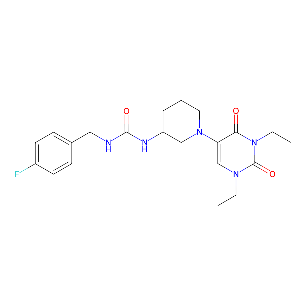 3-[1-(1,3-Diethyl-2,4-dioxo-1,2,3,4-tetrahydropyrimidin-5-yl)piperidin-3-yl]-1-[(4-fluorophenyl)methyl]urea molecular structure, CAS 2770611-03-3