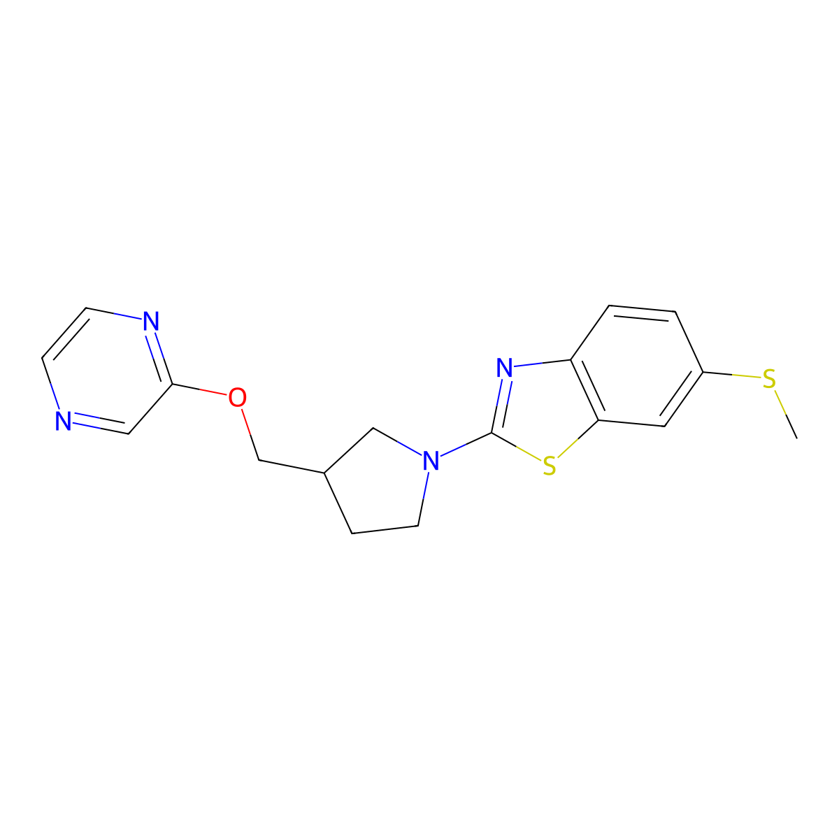 6-(Methylsulfanyl)-2-{3-[(pyrazin-2-yloxy)methyl]pyrrolidin-1-yl}-1,3-benzothiazole molecular structure, CAS 2770611-04-4