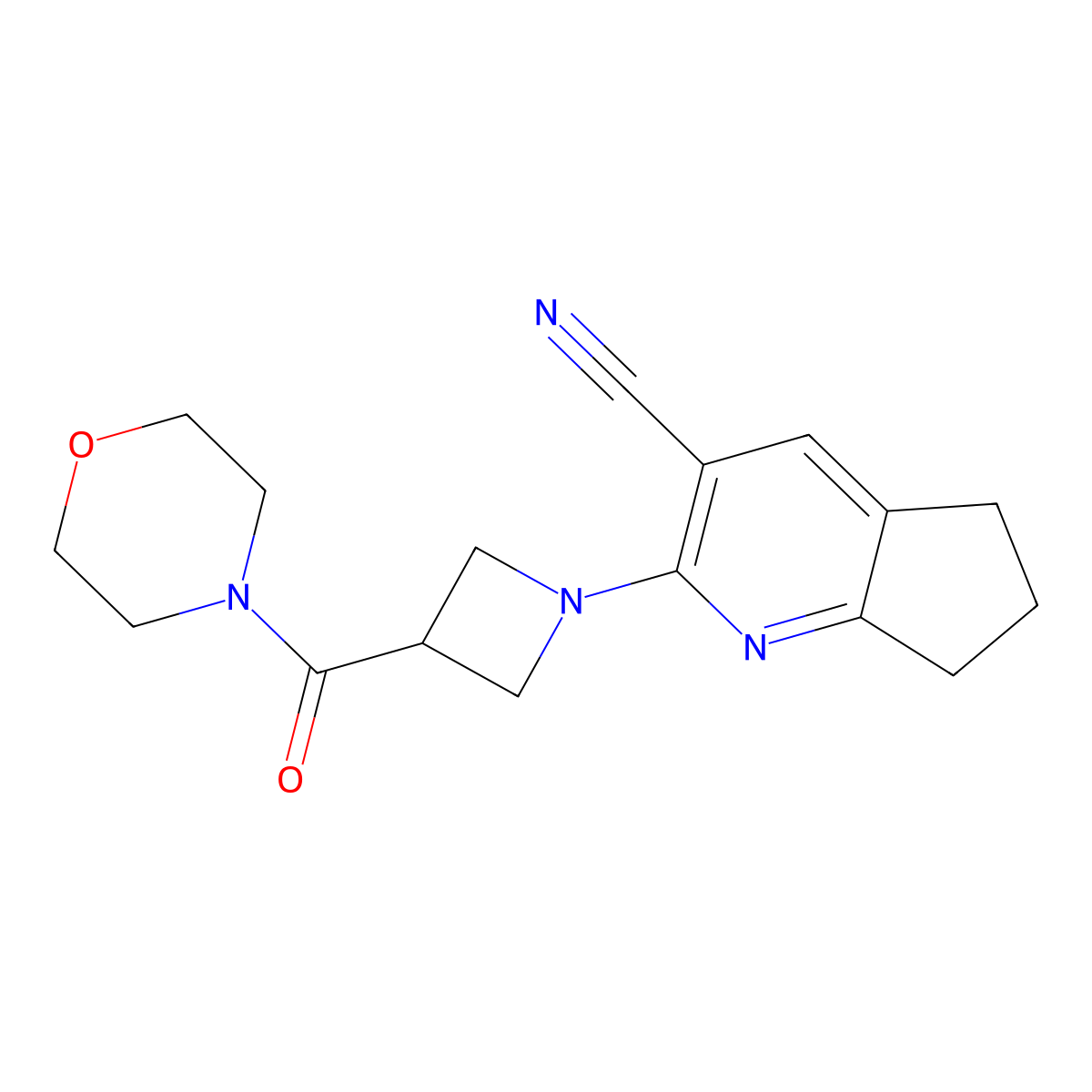 2-[3-(morpholine-4-carbonyl)azetidin-1-yl]-5H,6H,7H-cyclopenta[b]pyridine-3-carbonitrile molecular structure, CAS 2770611-09-9