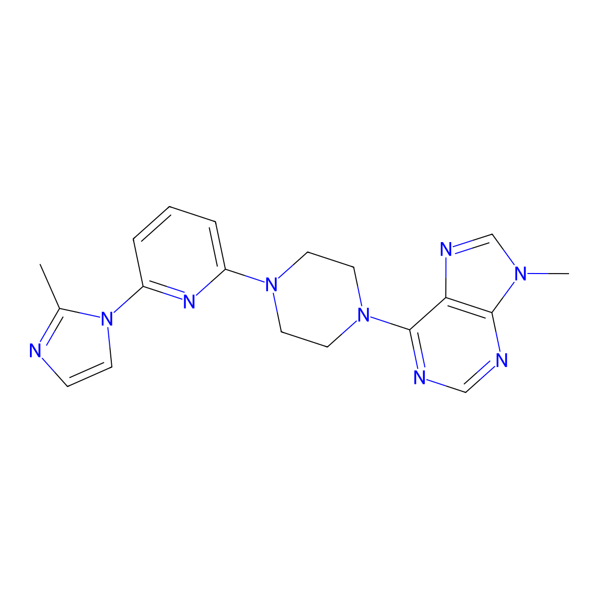 9-methyl-6-{4-[6-(2-methyl-1H-imidazol-1-yl)pyridin-2-yl]piperazin-1-yl}-9H-purine molecular structure, CAS 2770611-17-9