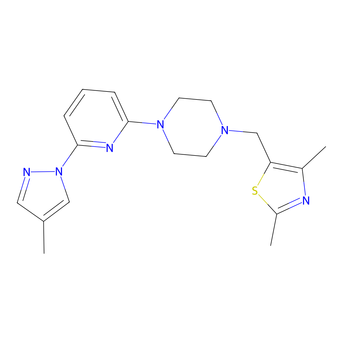 1-[(2,4-dimethyl-1,3-thiazol-5-yl)methyl]-4-[6-(4-methyl-1H-pyrazol-1-yl)pyridin-2-yl]piperazine molecular structure, CAS 2770611-18-0
