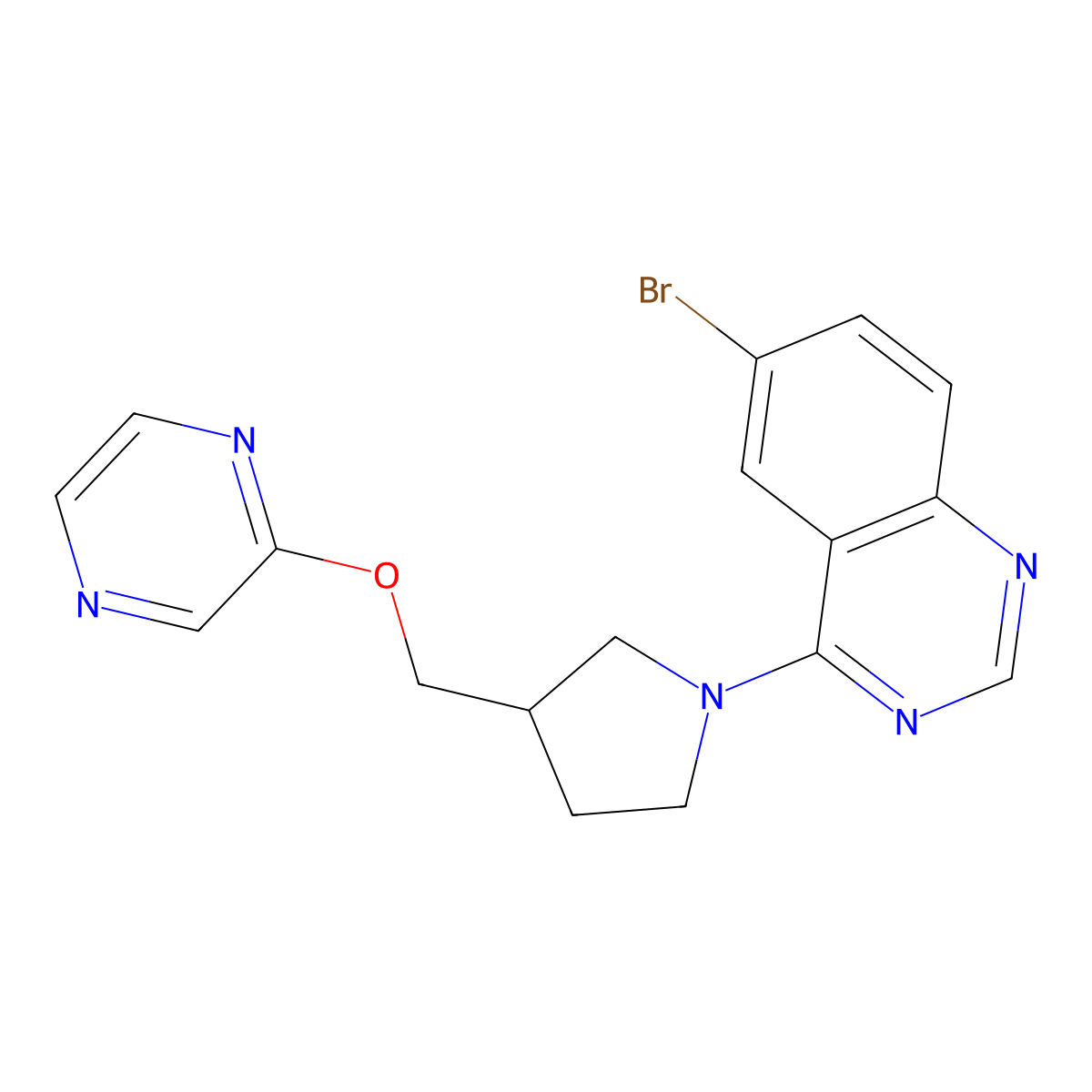 6-Bromo-4-{3-[(pyrazin-2-yloxy)methyl]pyrrolidin-1-yl}quinazoline molecular structure, CAS 2770611-19-1