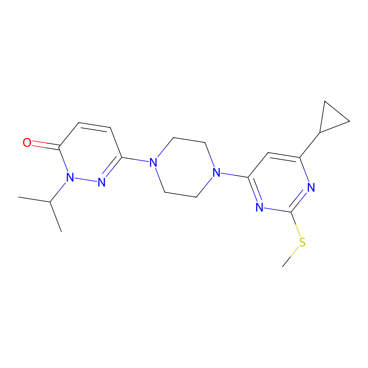 6-{4-[6-Cyclopropyl-2-(methylsulfanyl)pyrimidin-4-yl]piperazin-1-yl}-2-(propan-2-yl)-2,3-dihydropyridazin-3-one molecular structure, CAS 2770611-20-4
